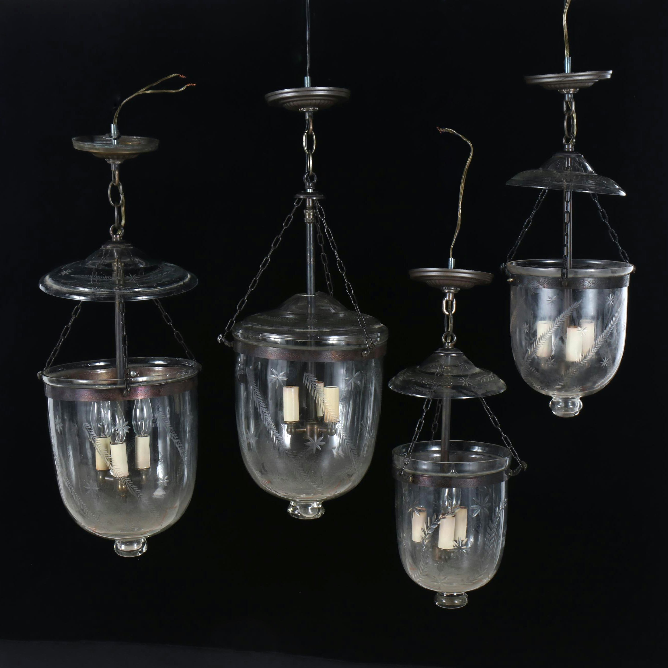 Four Blown Glass Bell Jar Etched Pendant Lights, 21st Century