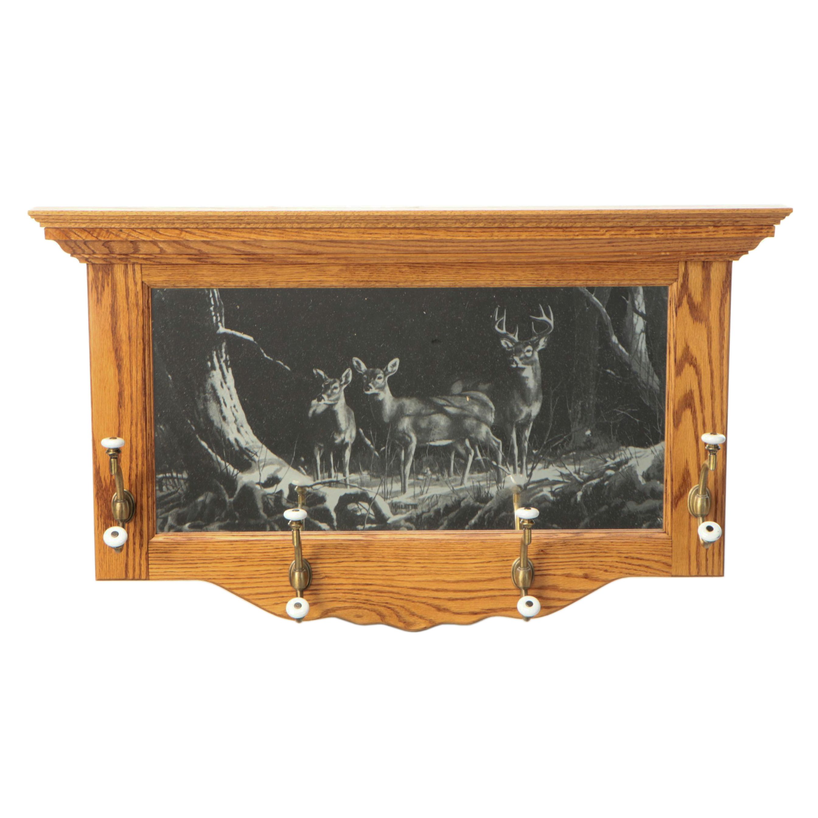 Oak Coat Rack with Etched Deer Scene Mirror