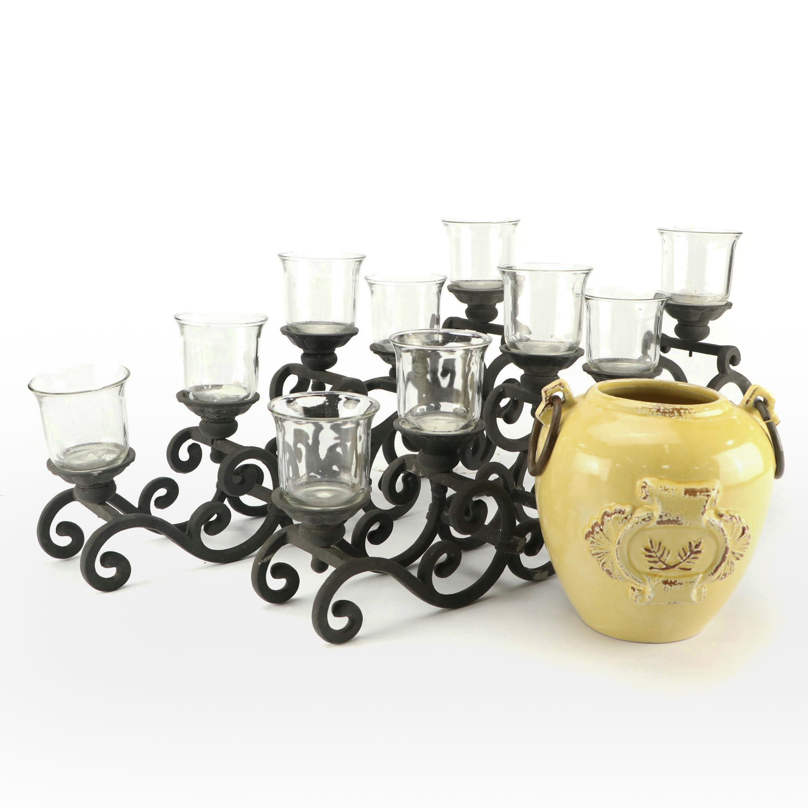 Art Nouveau Style Scrolled Wrought Iron Votive Holders with Yellow Ceramic Vase