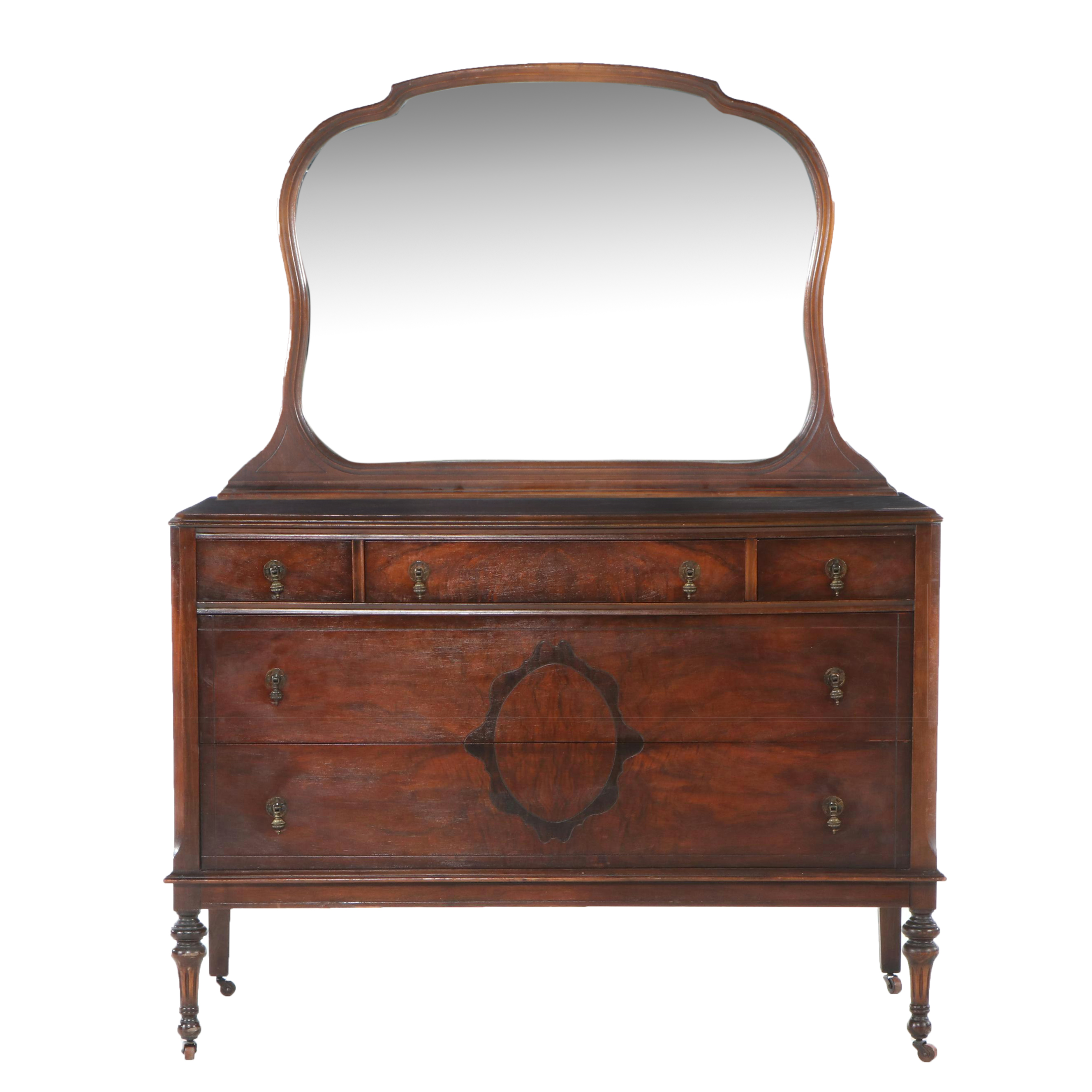 Edwardian Burl Wood and Walnut Dresser with Mirror, Early 20th Century