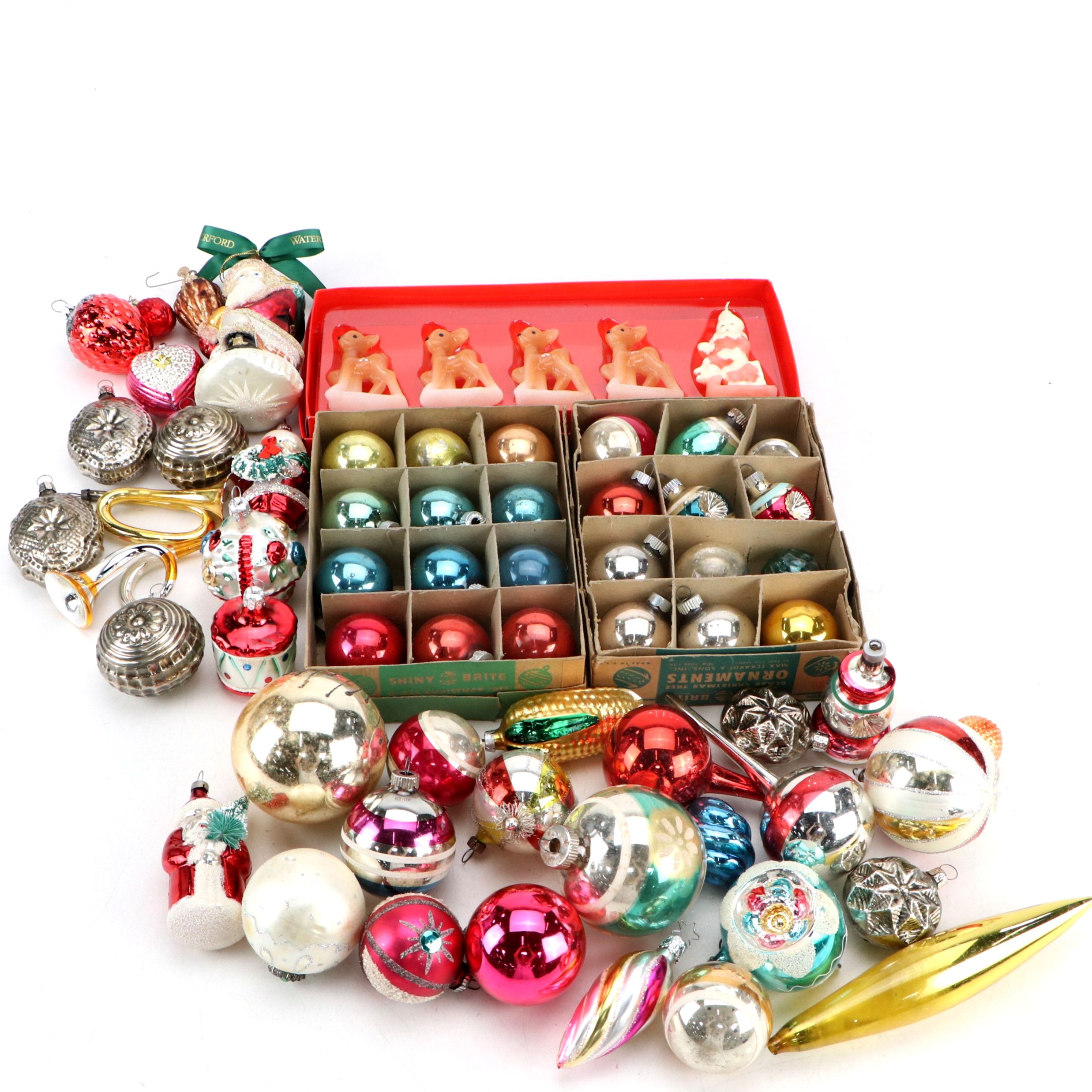 Shiny Brite, Waterford with Other Christmas Ornaments and Candles