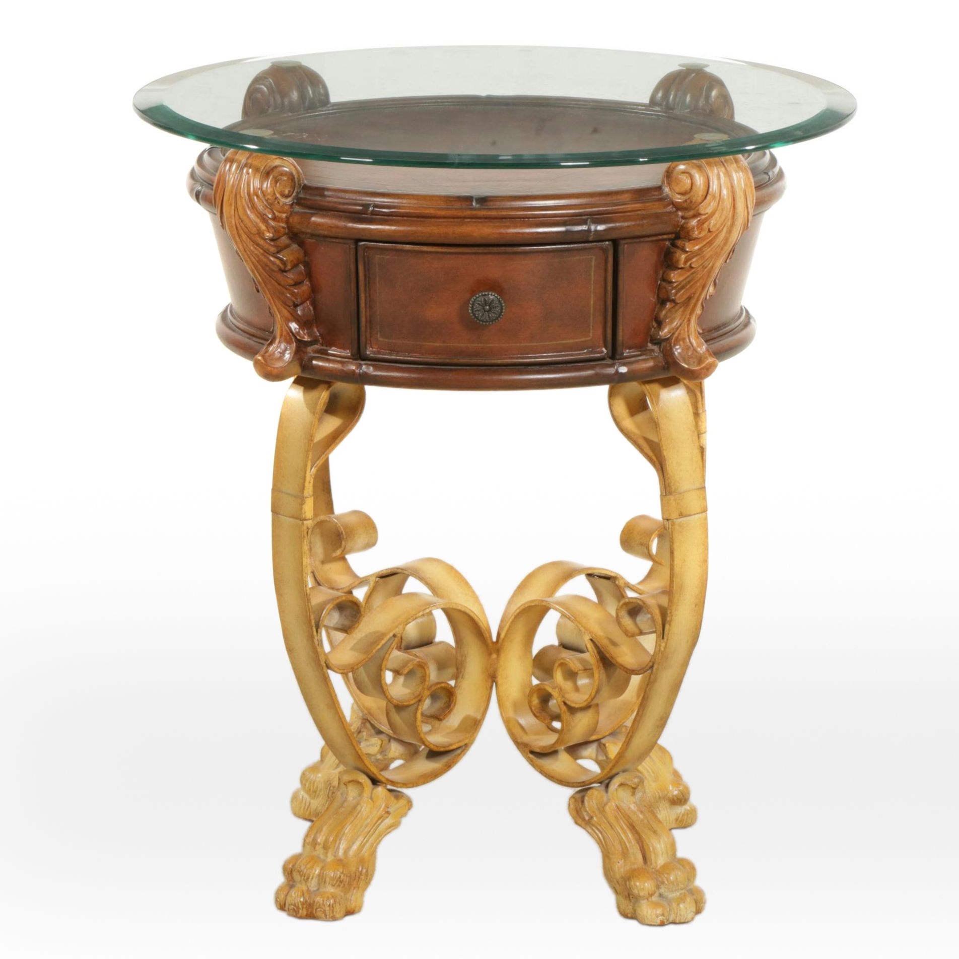 Round Glass-Top End Table with Lion's Paw Feet, 2007