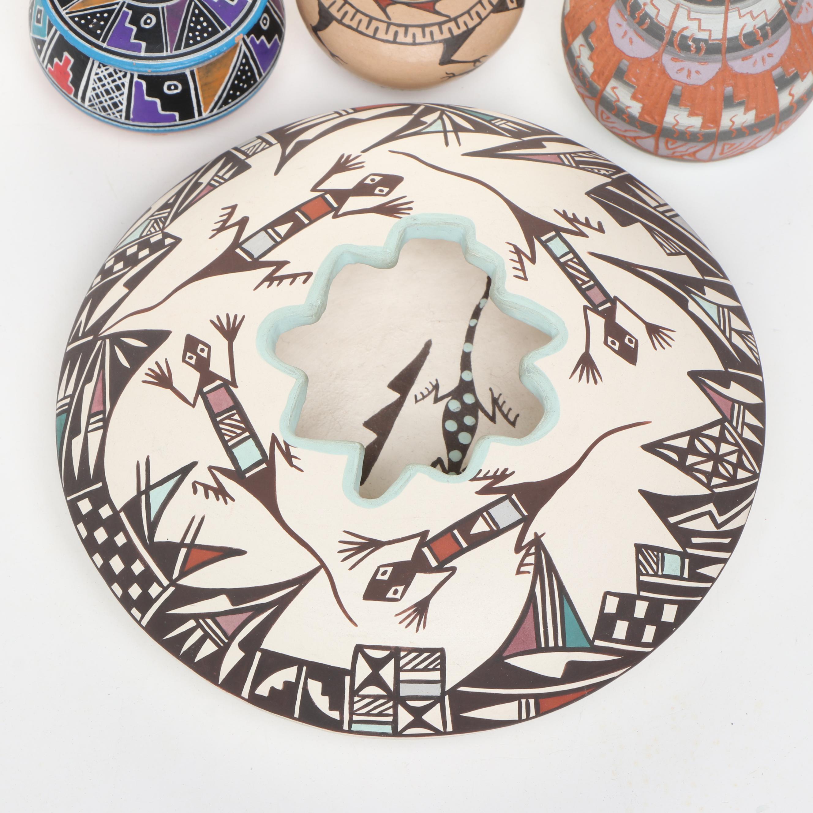 Artist Signed Acoma Ceramic Bud Vase, Low Vessels, and Lidded Bowl