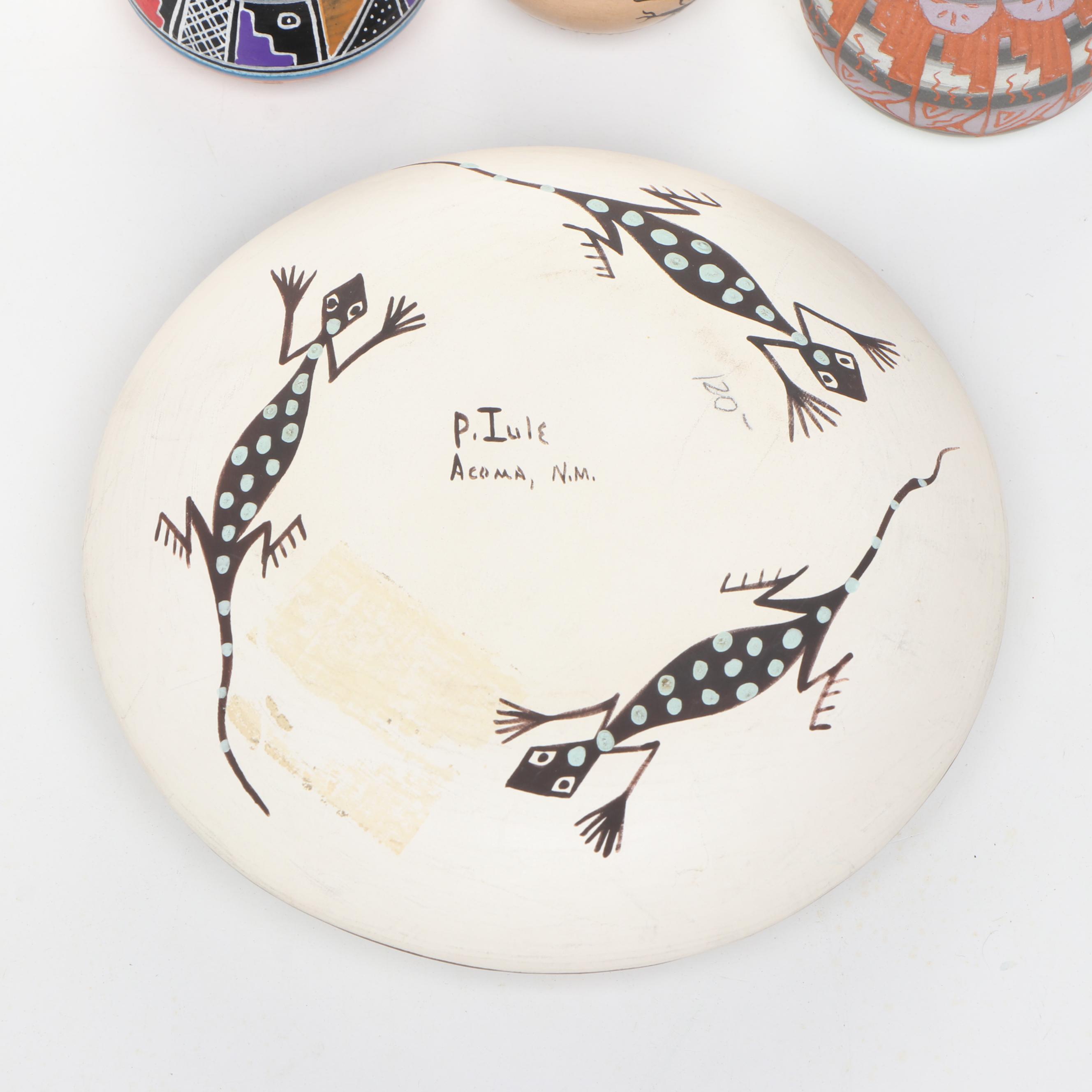 Artist Signed Acoma Ceramic Bud Vase, Low Vessels, and Lidded Bowl