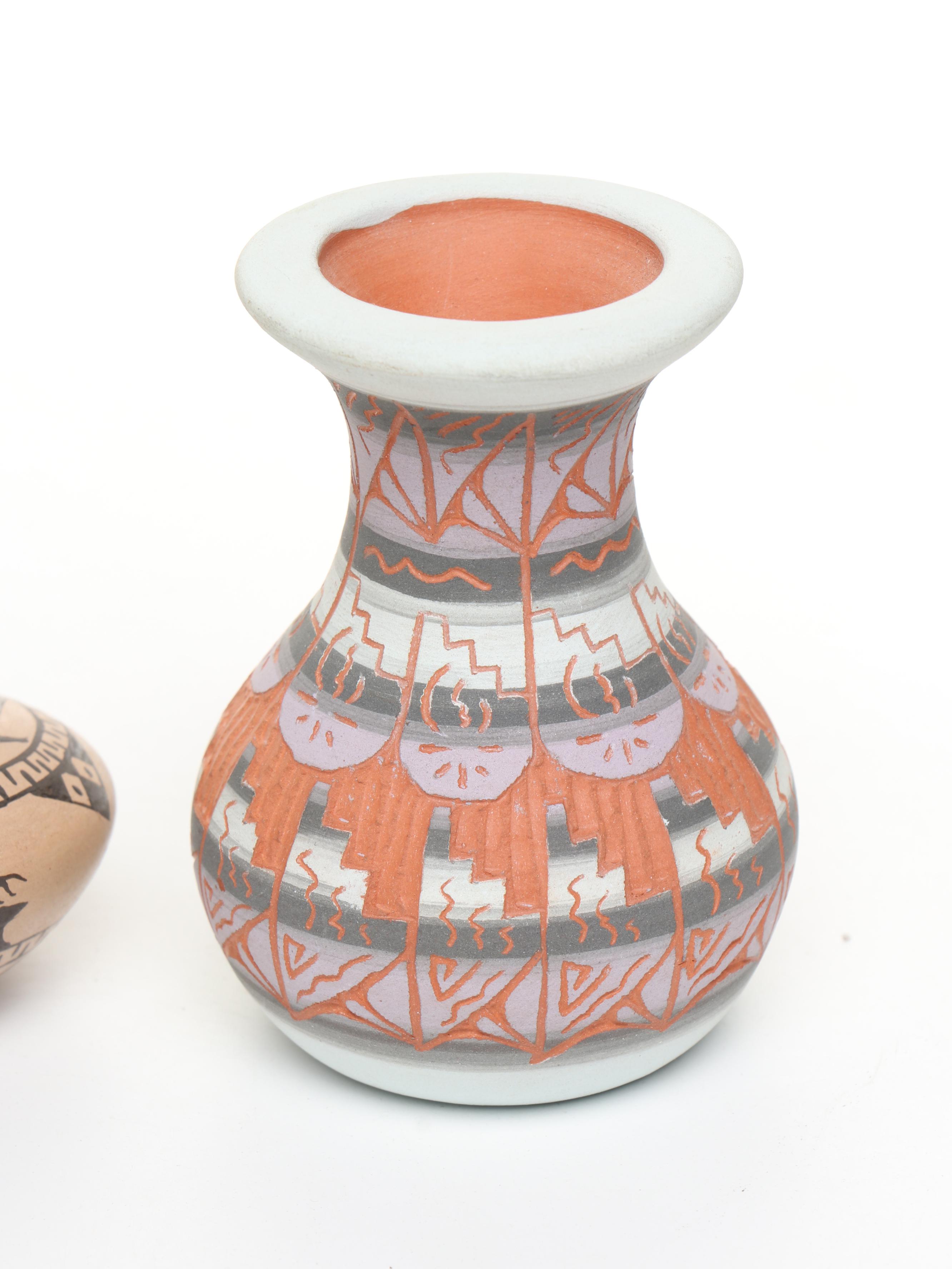 Artist Signed Acoma Ceramic Bud Vase, Low Vessels, and Lidded Bowl