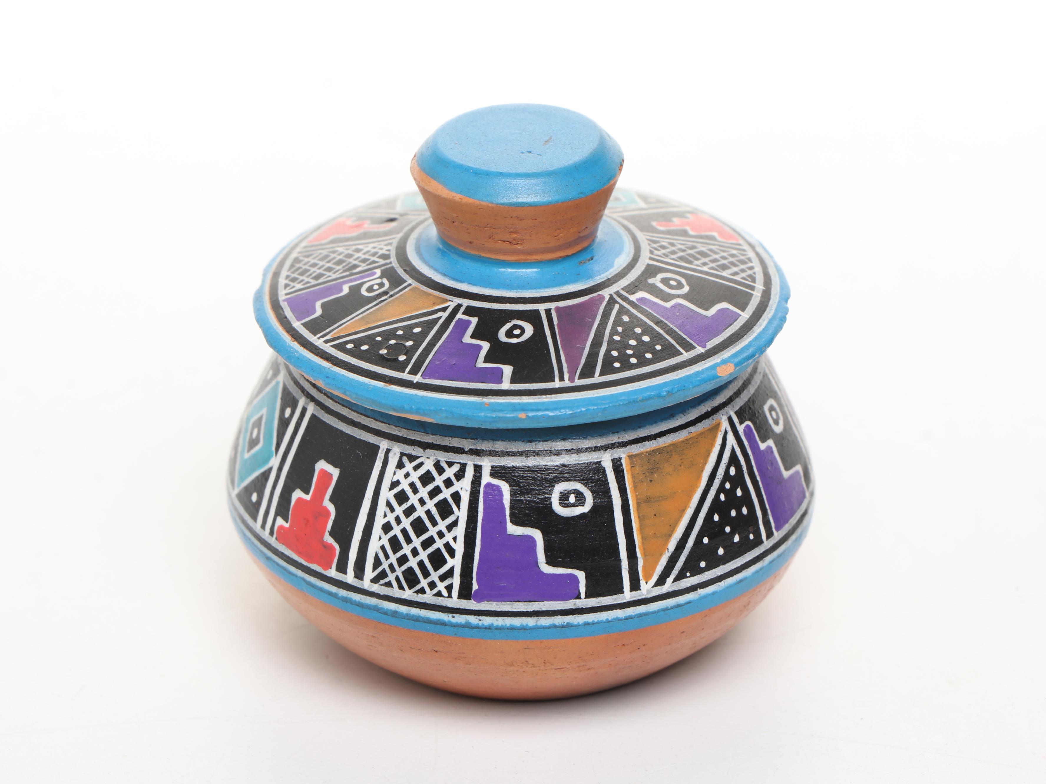 Artist Signed Acoma Ceramic Bud Vase, Low Vessels, and Lidded Bowl