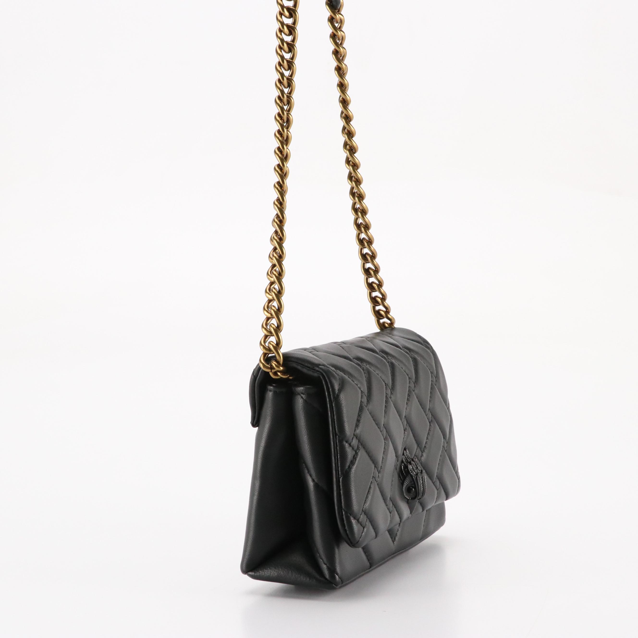 Kurt Geiger "Mini Kensington" Chunky Chain Strap Bag in Black Quilted Leather