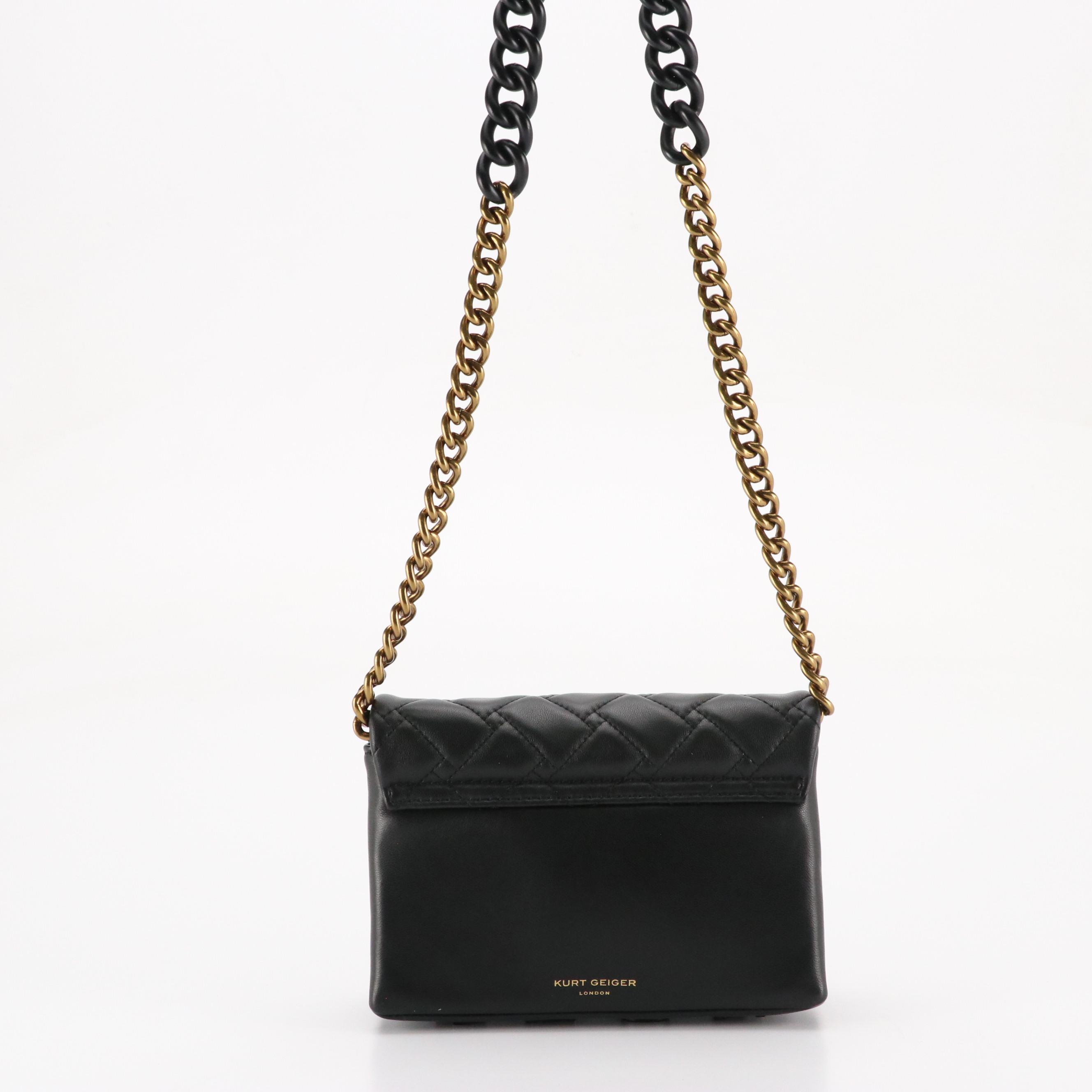 Kurt Geiger "Mini Kensington" Chunky Chain Strap Bag in Black Quilted Leather