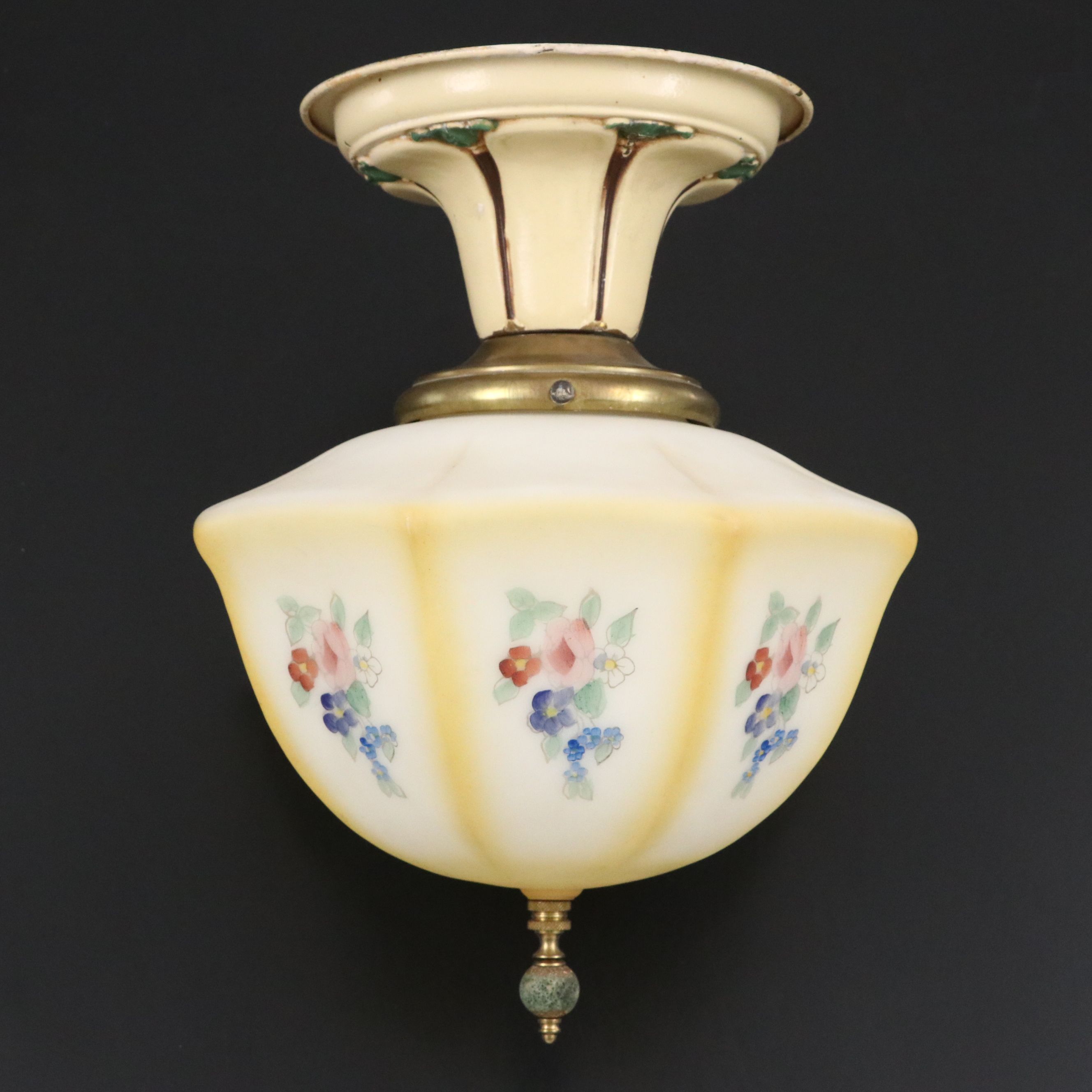 Hand-Painted Metal and Glass Ceiling Light, Early 20th Century
