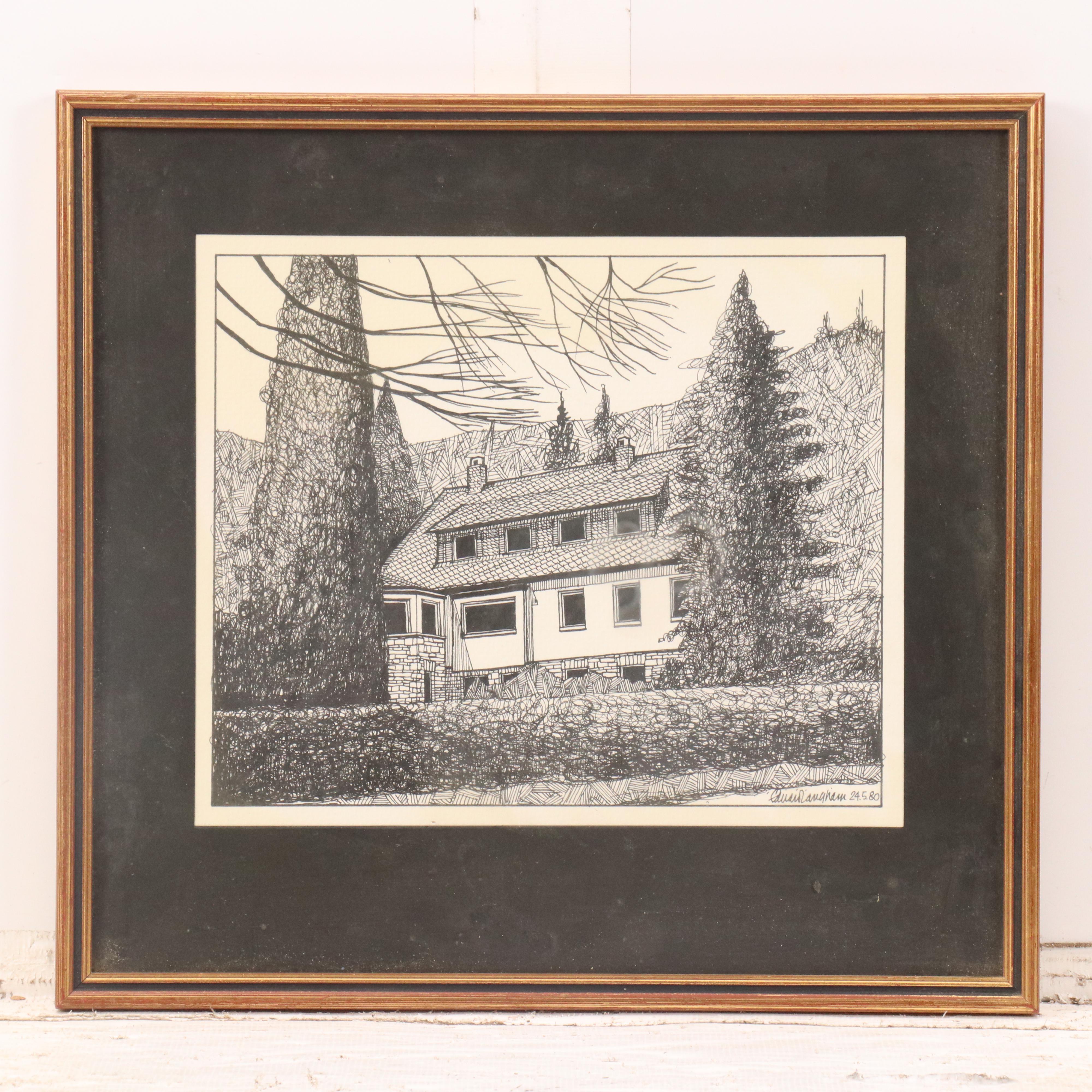 Eduard Langham Architectural Pen and Ink Drawings, Late 20th Century