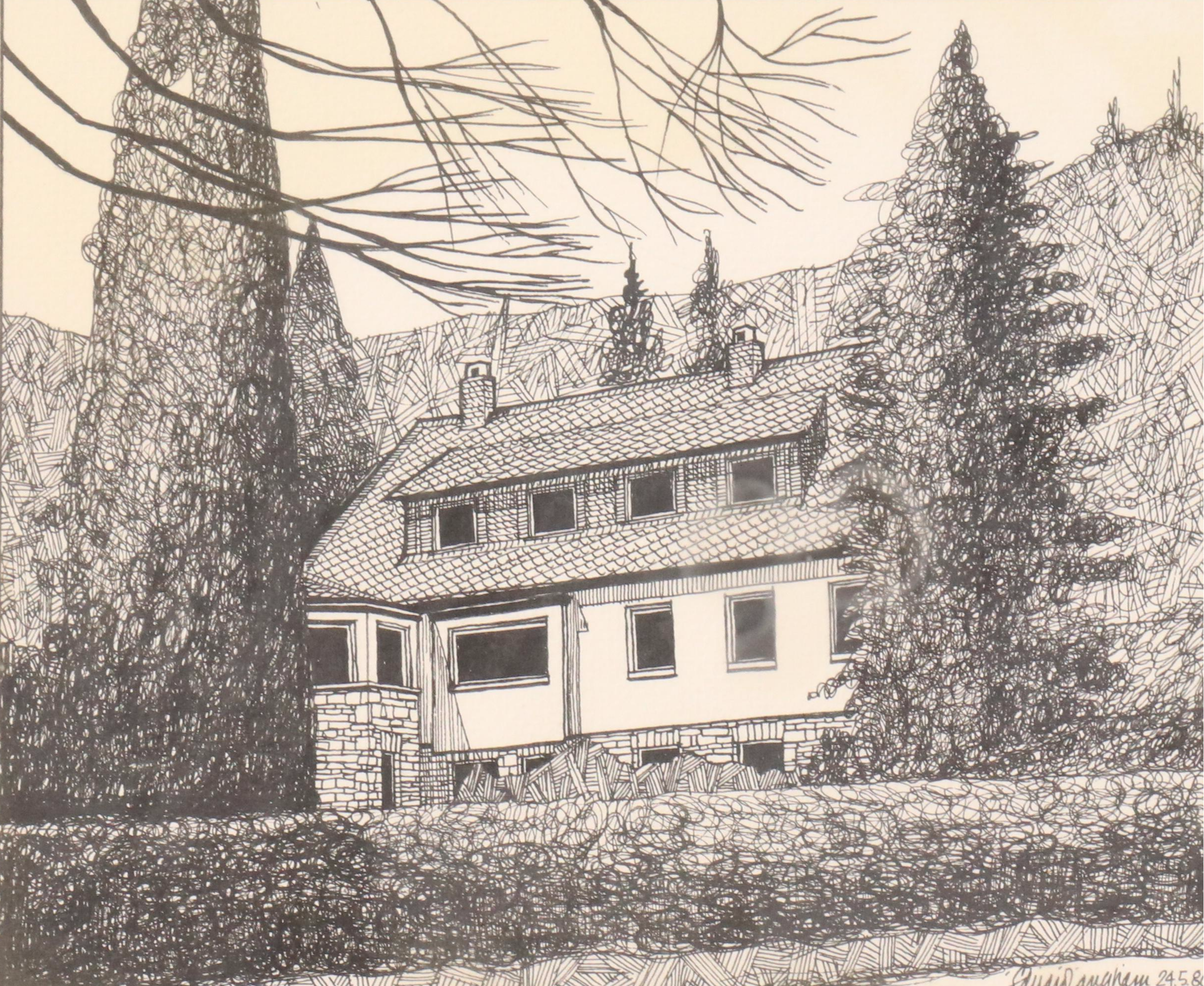 Eduard Langham Architectural Pen and Ink Drawings, Late 20th Century