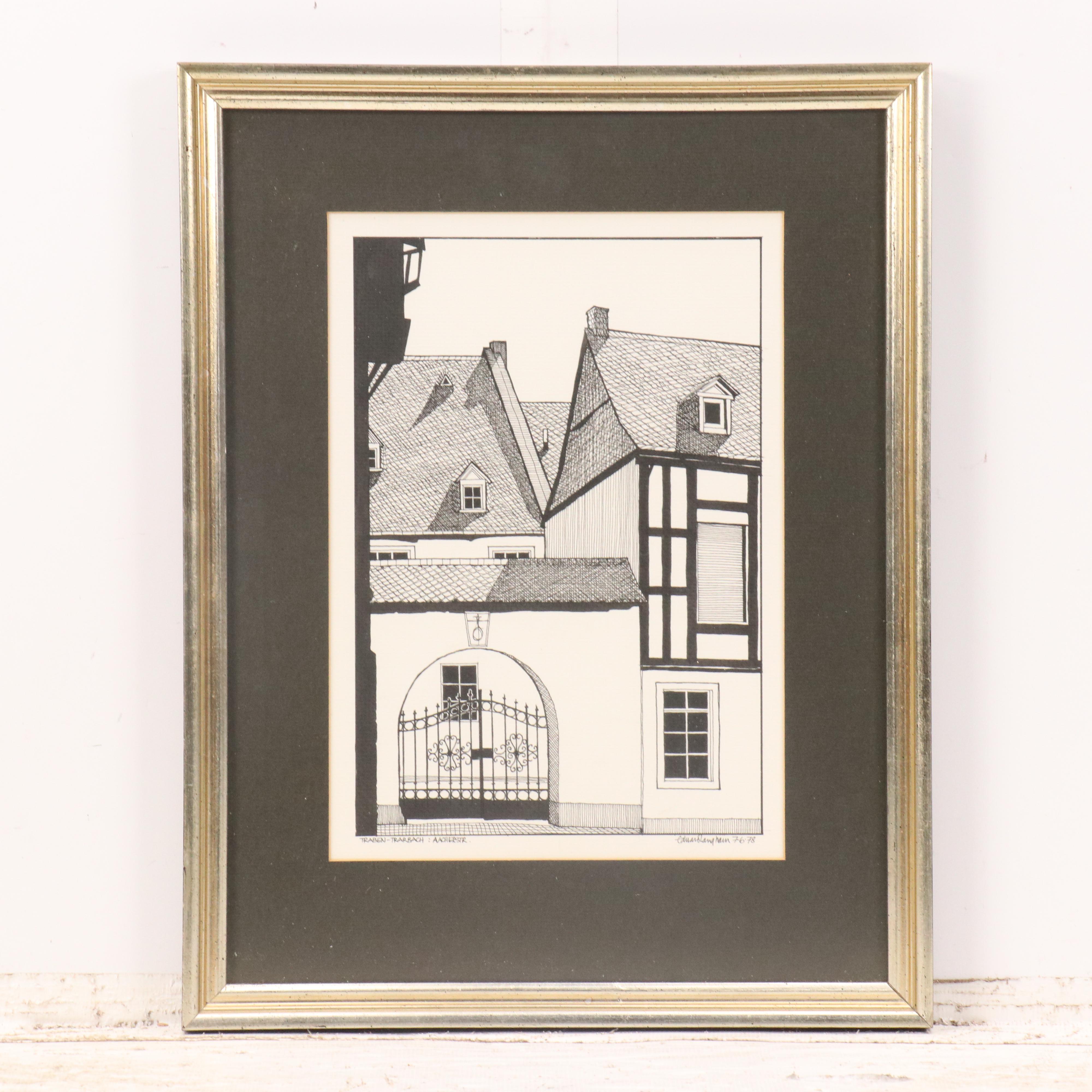 Eduard Langham Architectural Pen and Ink Drawings, Late 20th Century