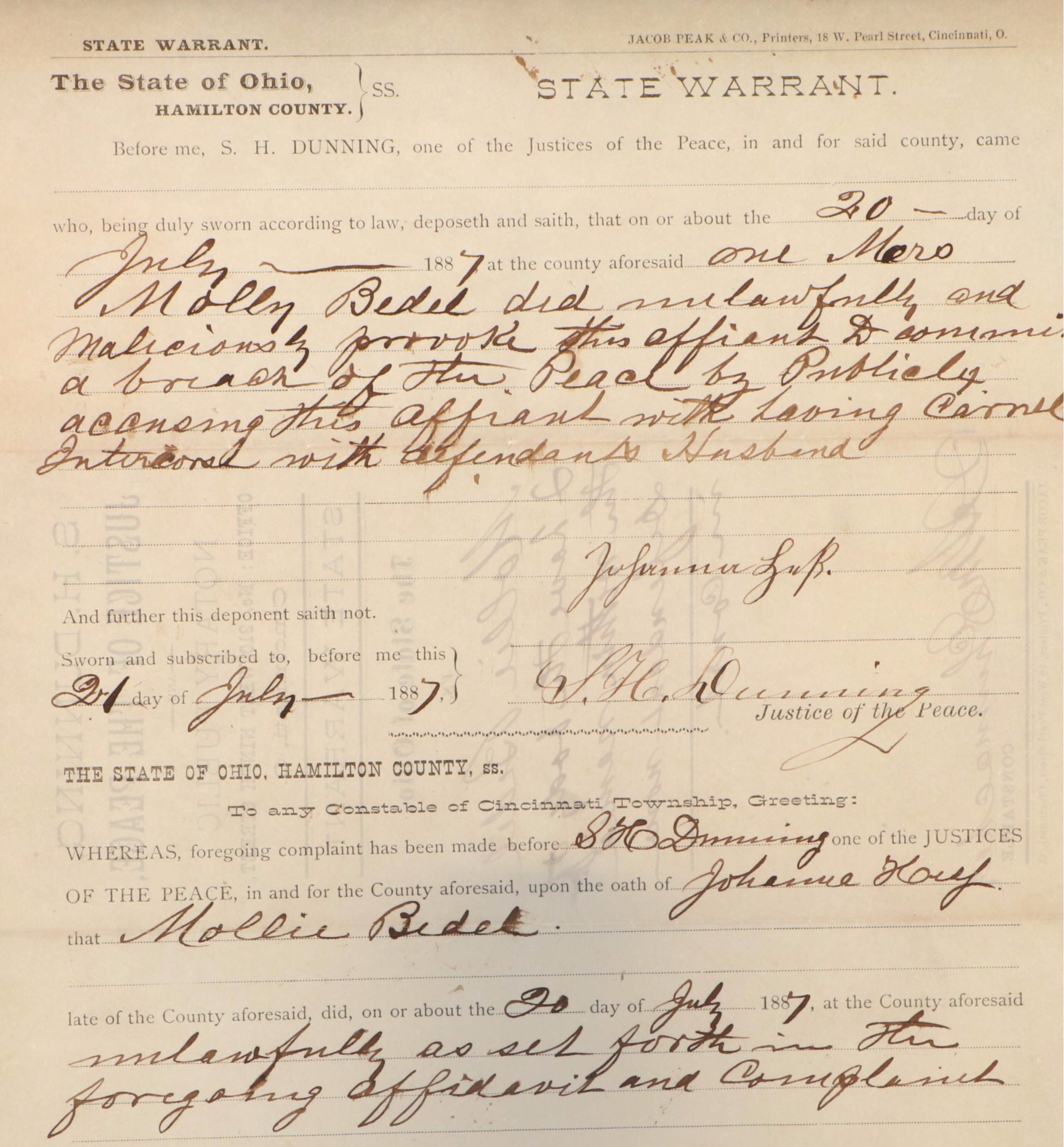 Cincinnati, Ohio, Arrest Warrant, 1887