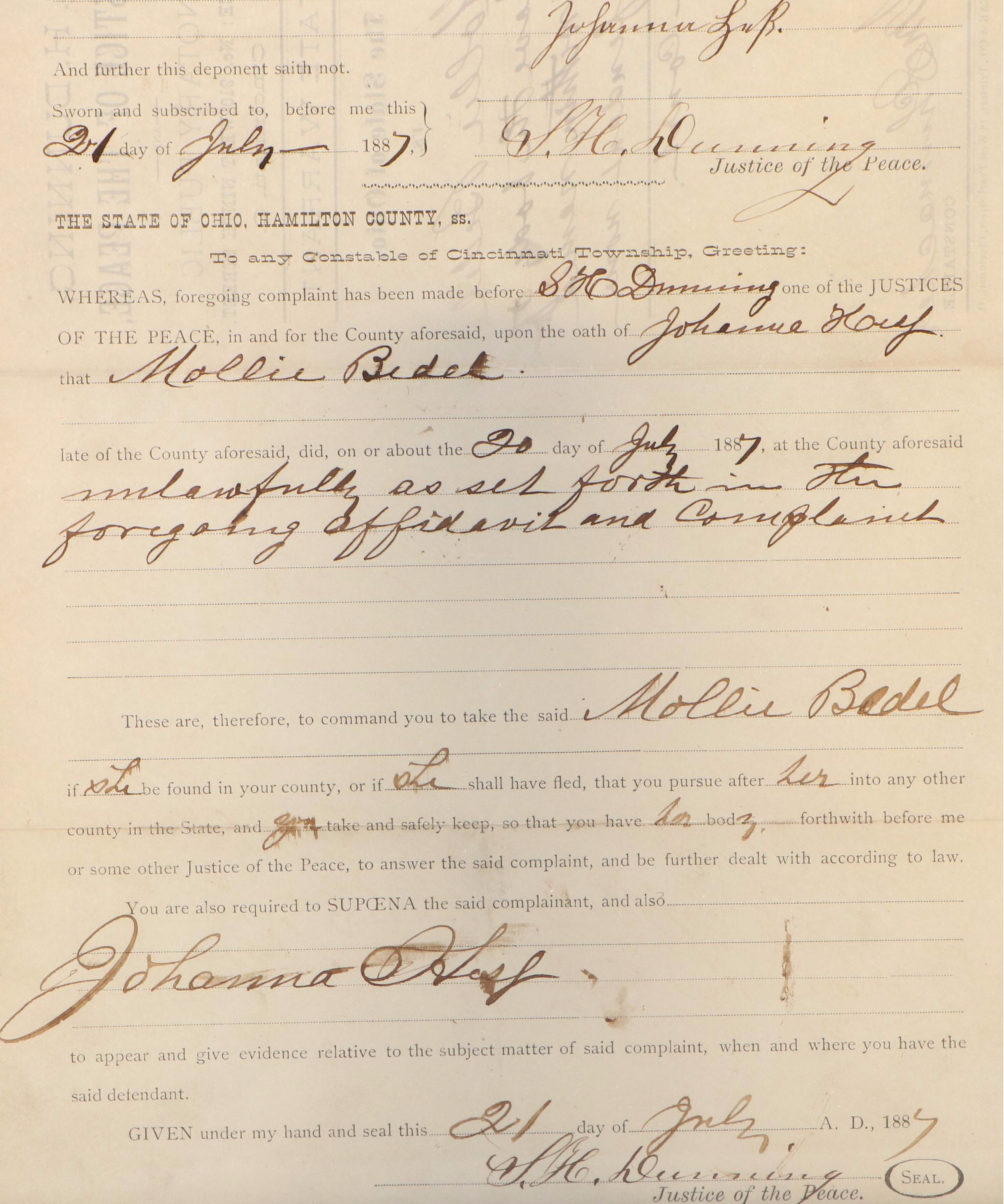 Cincinnati, Ohio, Arrest Warrant, 1887
