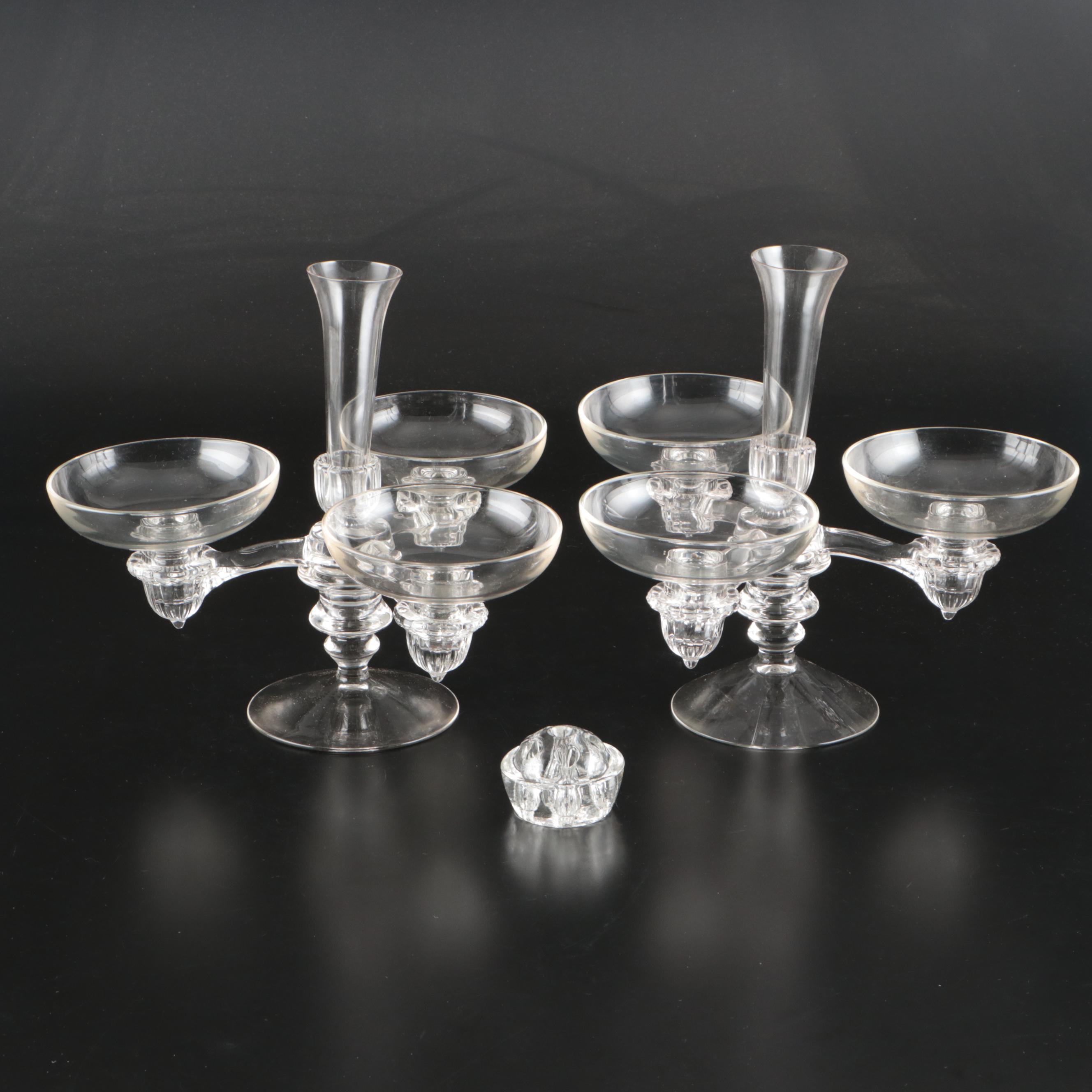 Pair of Cambridge Glass Six-Piece Epergne Sets and Glass Frog
