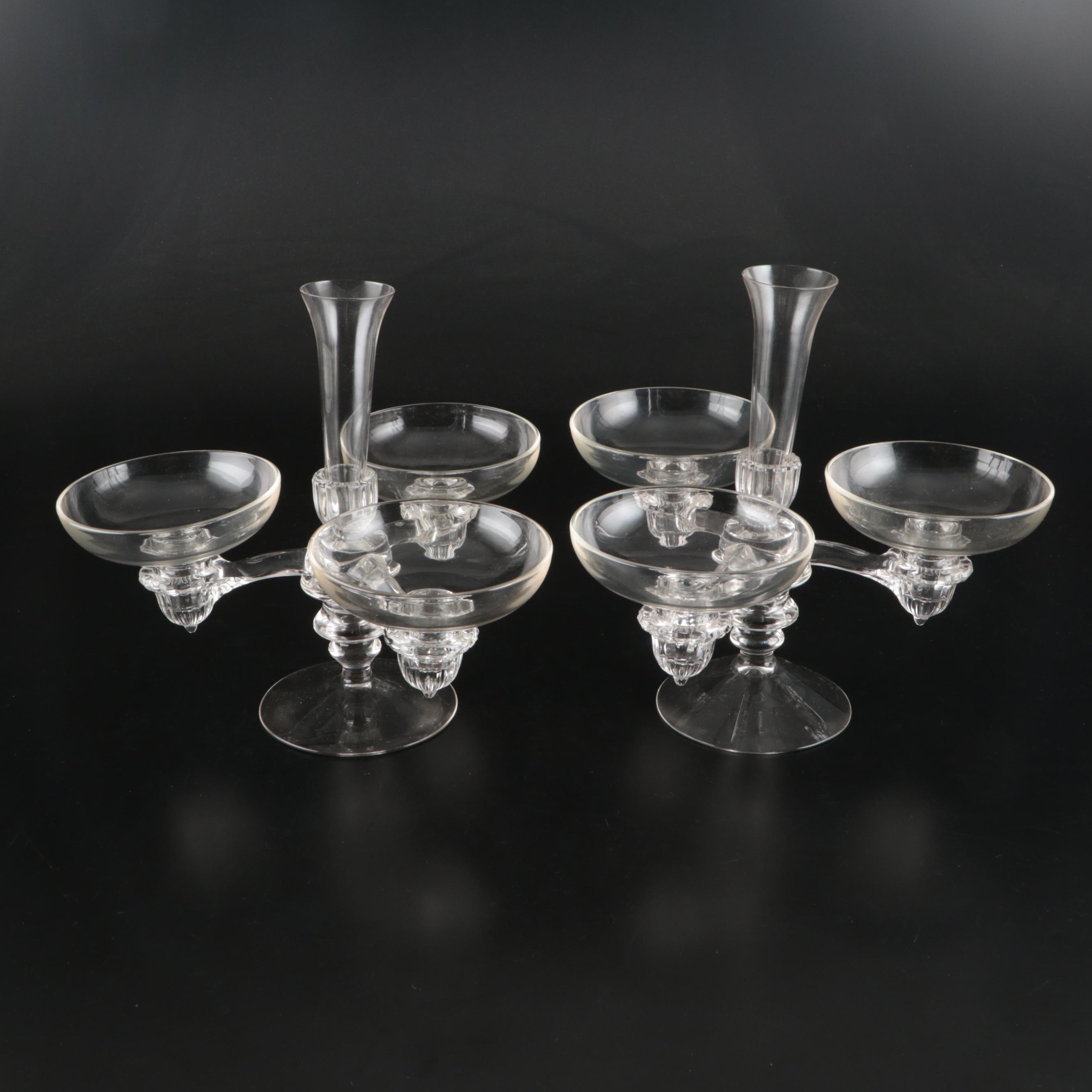 Pair of Cambridge Glass Six-Piece Epergne Sets and Glass Frog