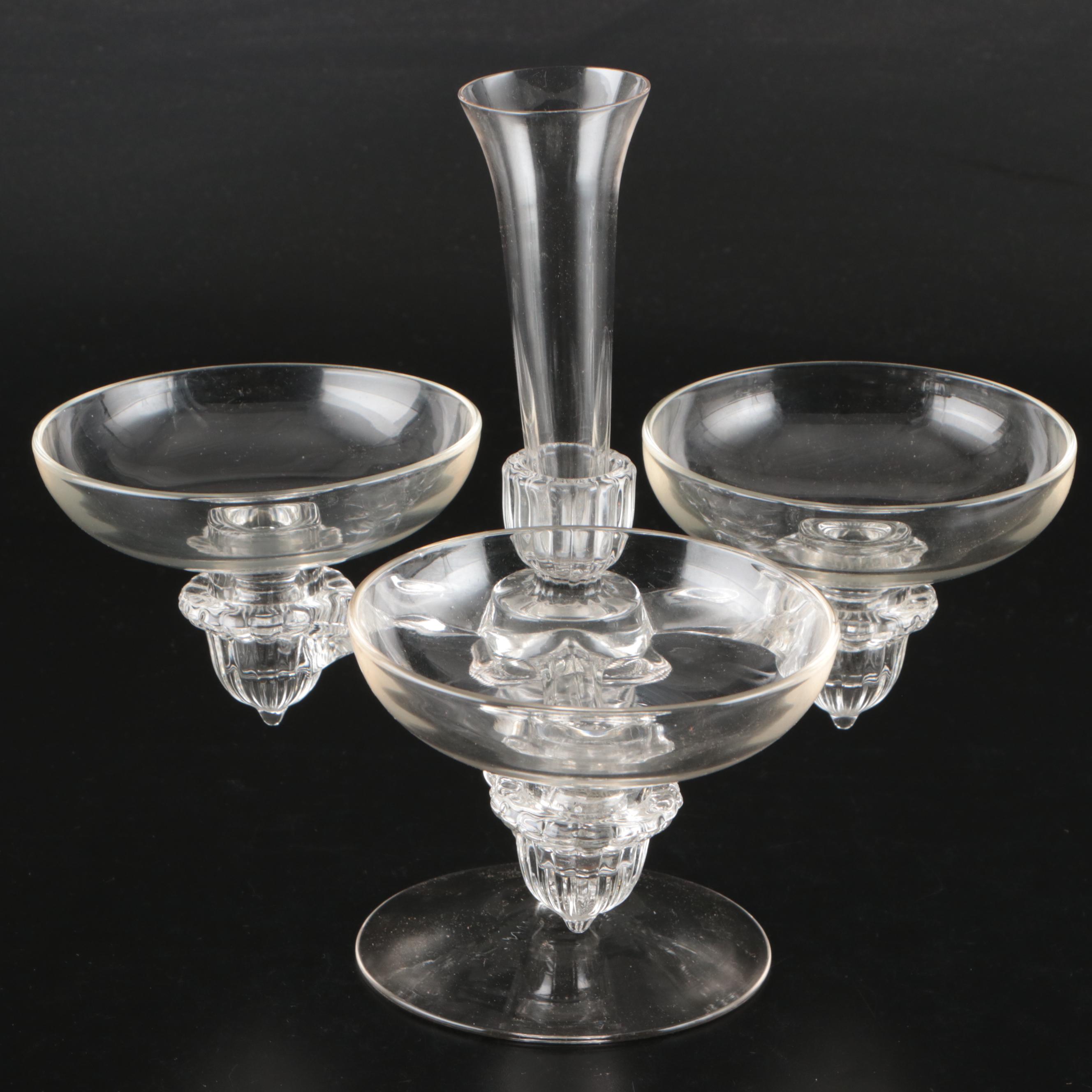 Pair of Cambridge Glass Six-Piece Epergne Sets and Glass Frog