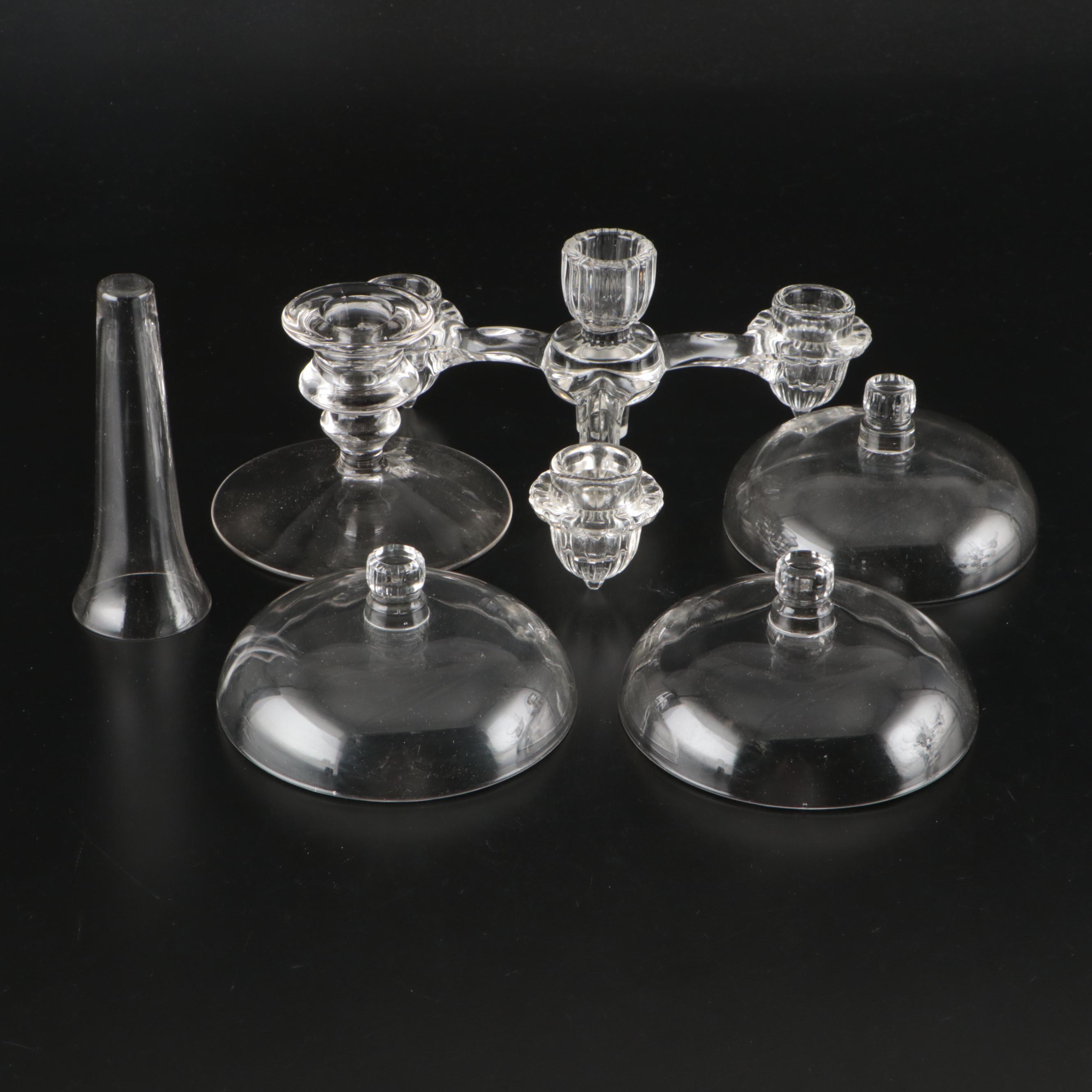 Pair of Cambridge Glass Six-Piece Epergne Sets and Glass Frog
