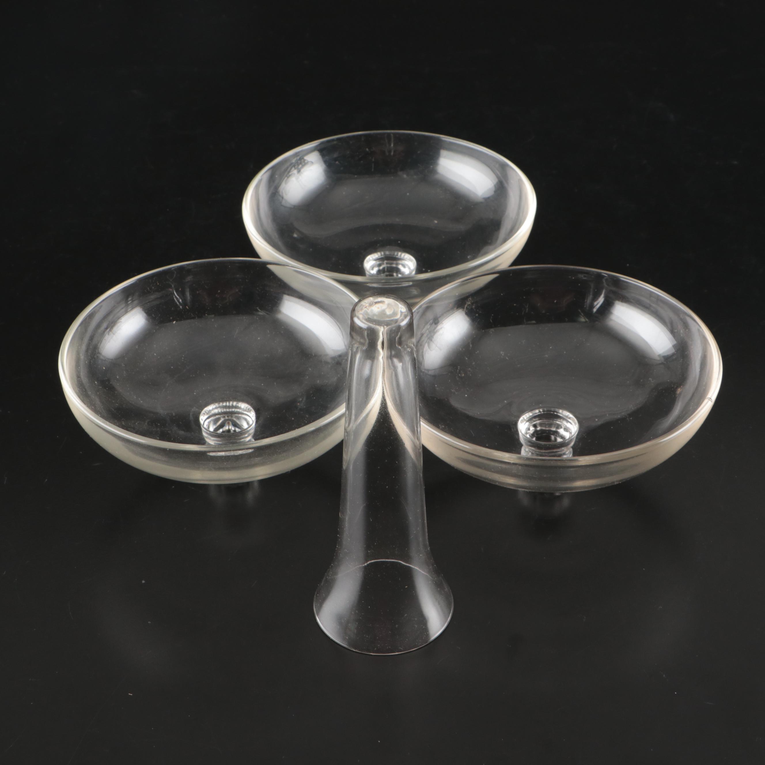 Pair of Cambridge Glass Six-Piece Epergne Sets and Glass Frog