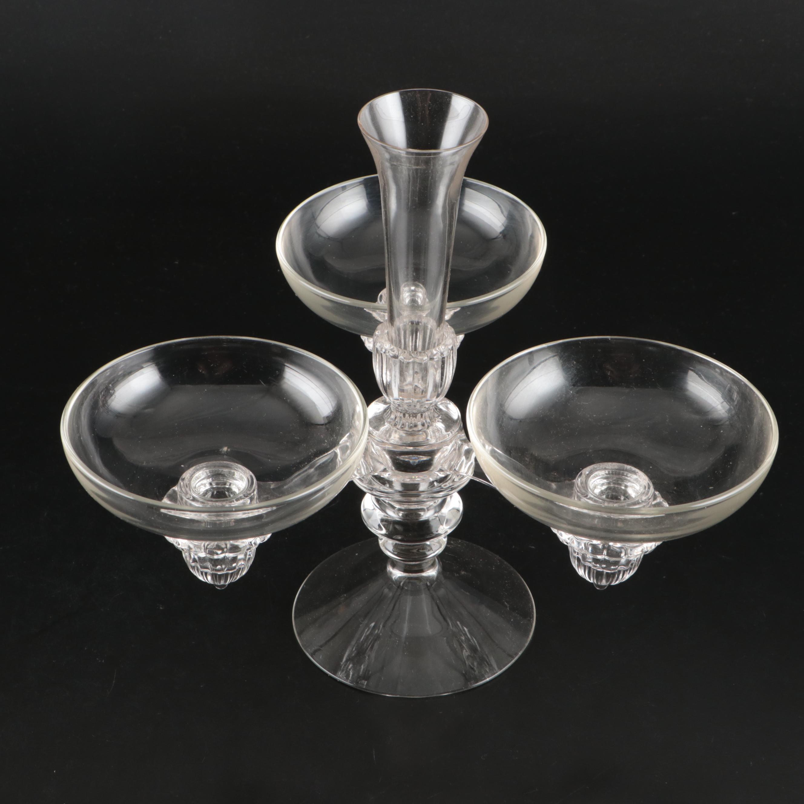 Pair of Cambridge Glass Six-Piece Epergne Sets and Glass Frog