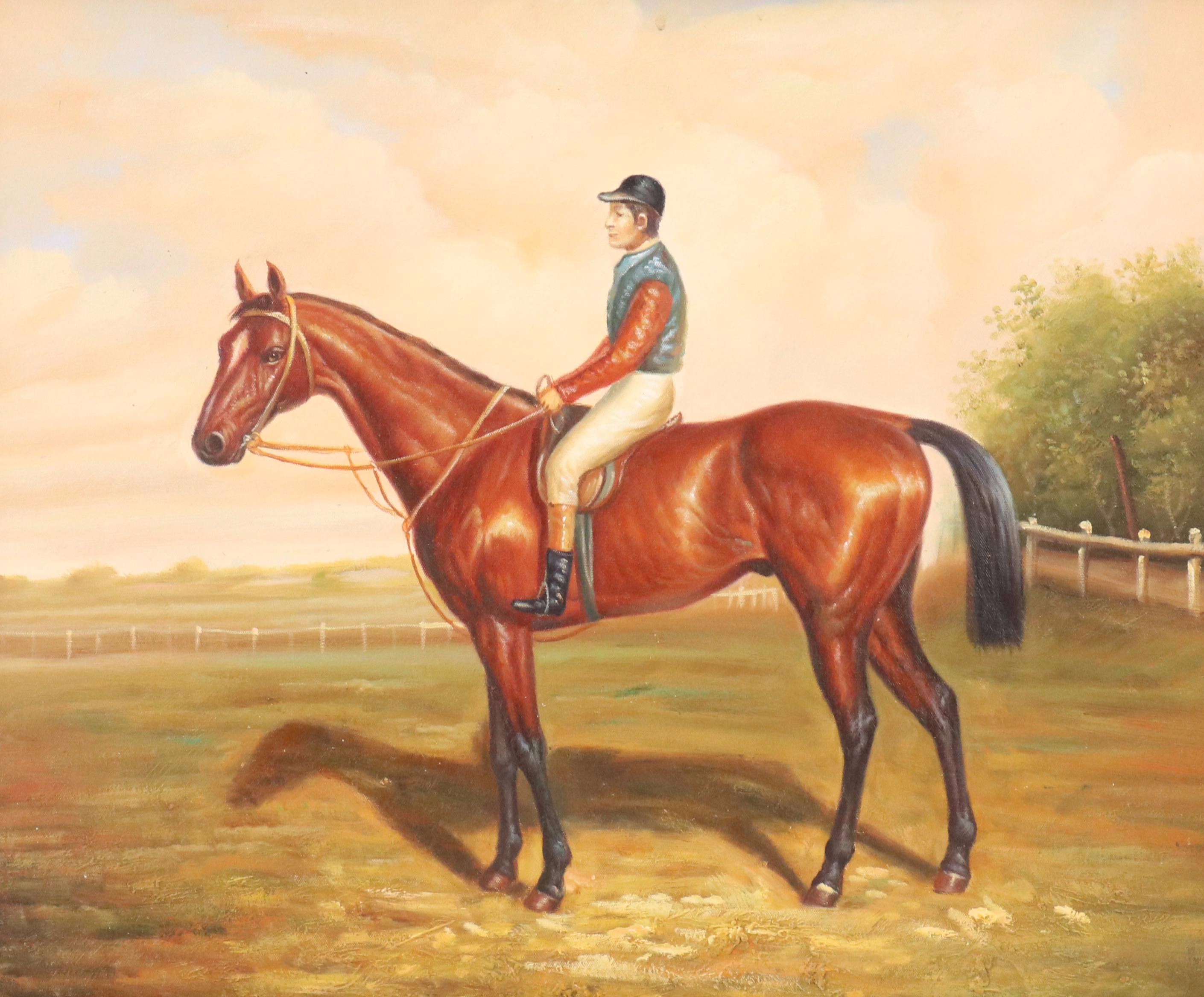 Thoroughbred Horse and Jockey Equestrian Oil Painting, 21st Century
