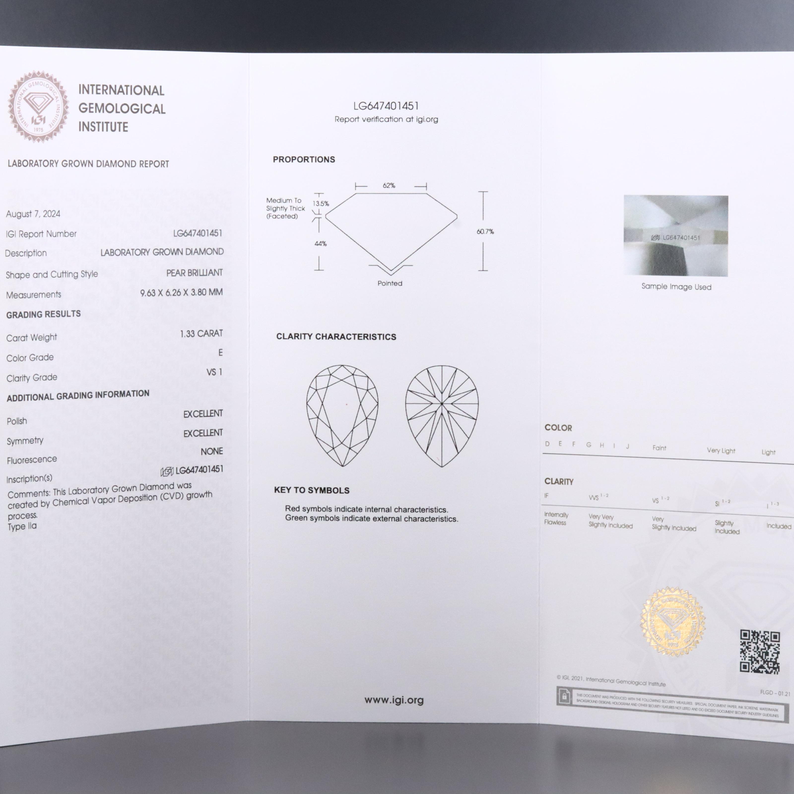Loose 1.33 CT Lab Grown Diamond with IGI Report