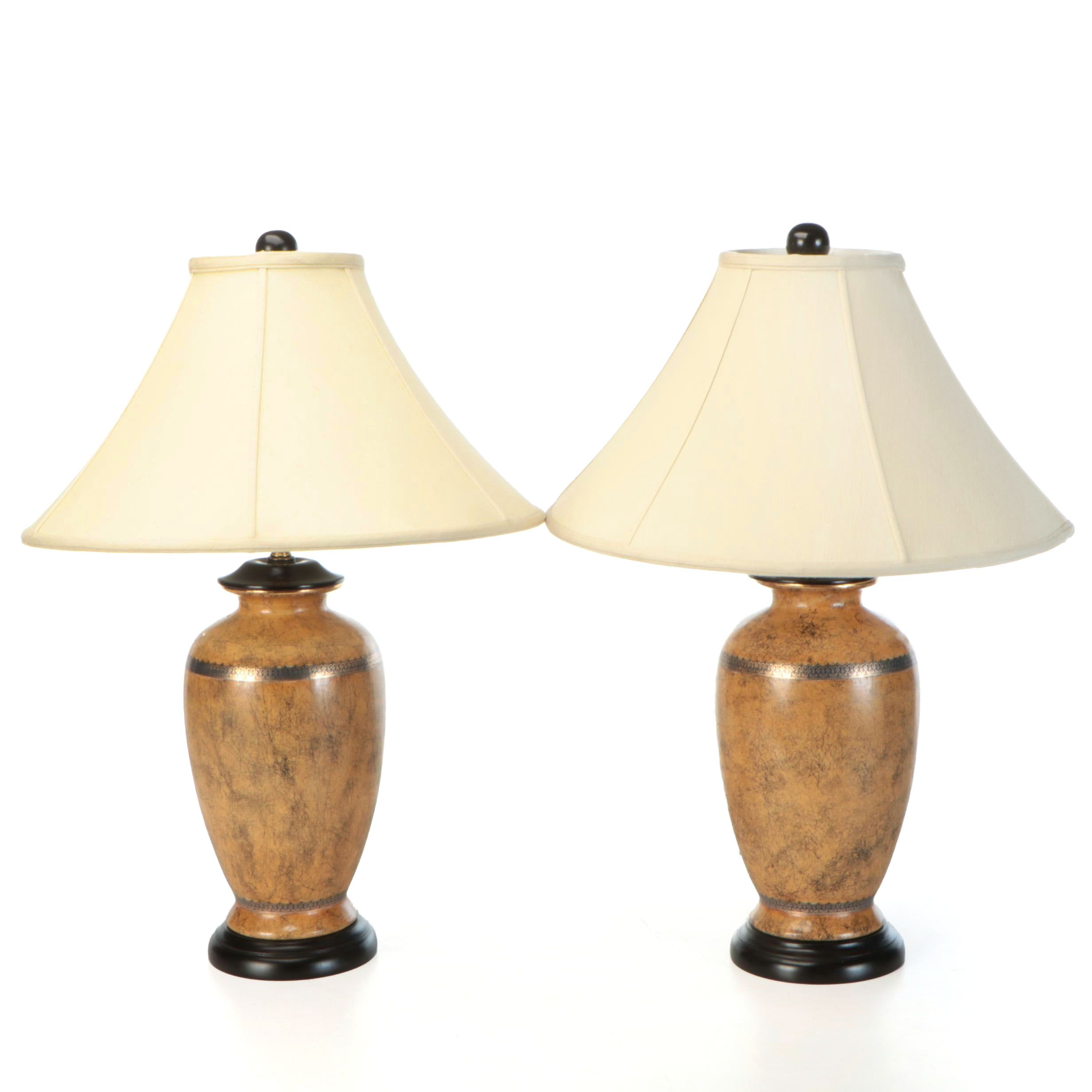 Distressed Ocher Finish Vase Table Lamps with Silk Coolie Shades, Vintage