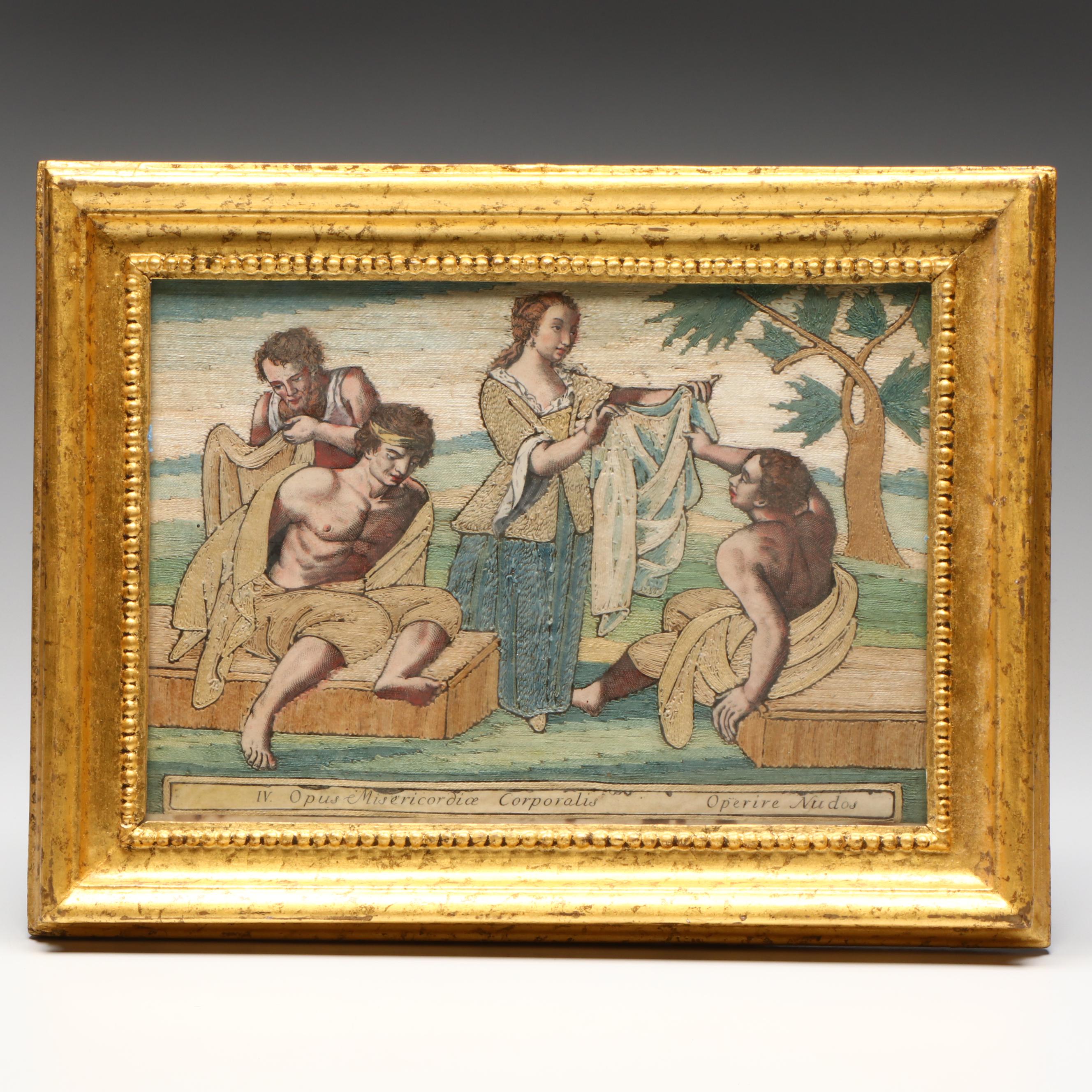 Antique English Embroidery "The Work of Corporal Mercy", 19th Century