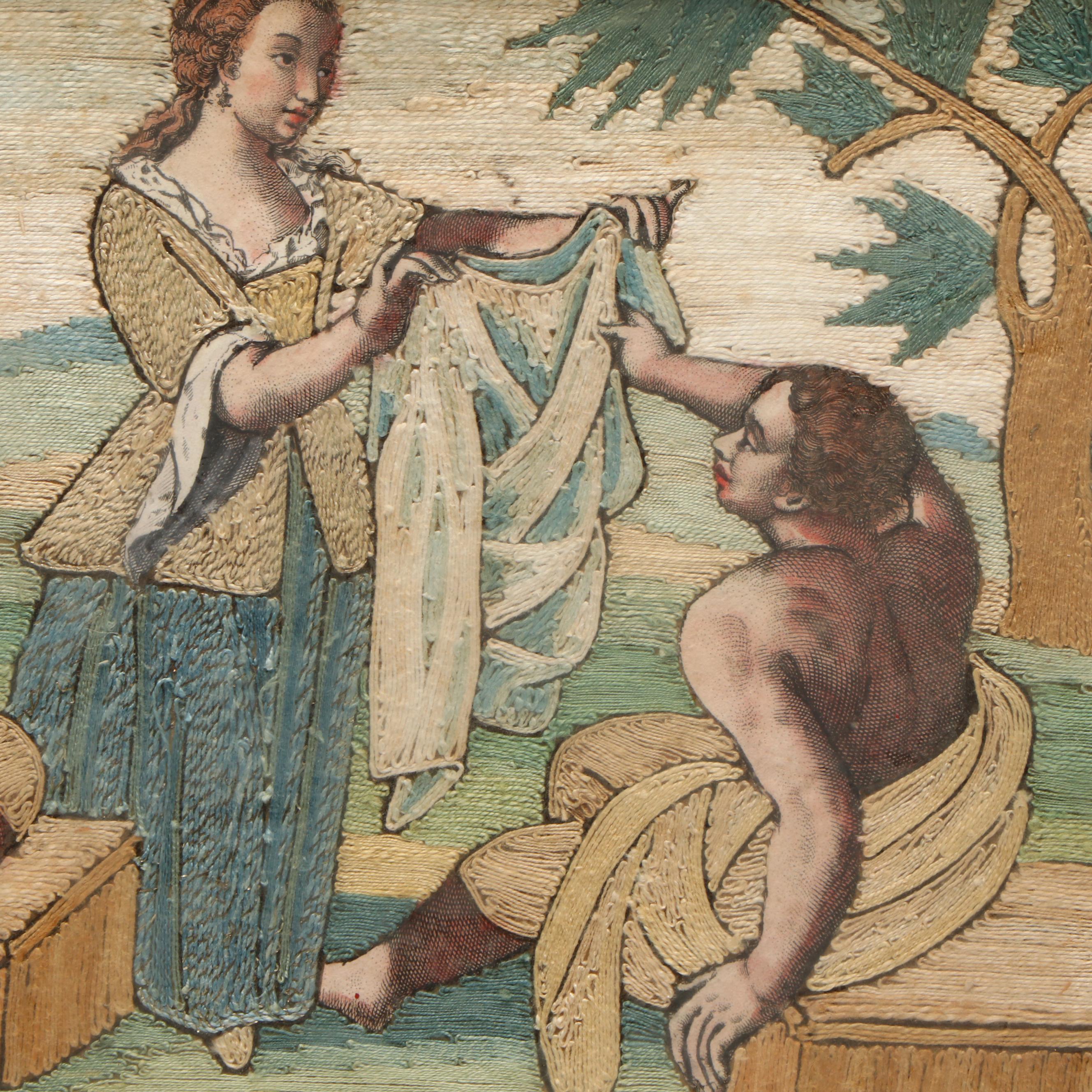 Antique English Embroidery "The Work of Corporal Mercy", 19th Century