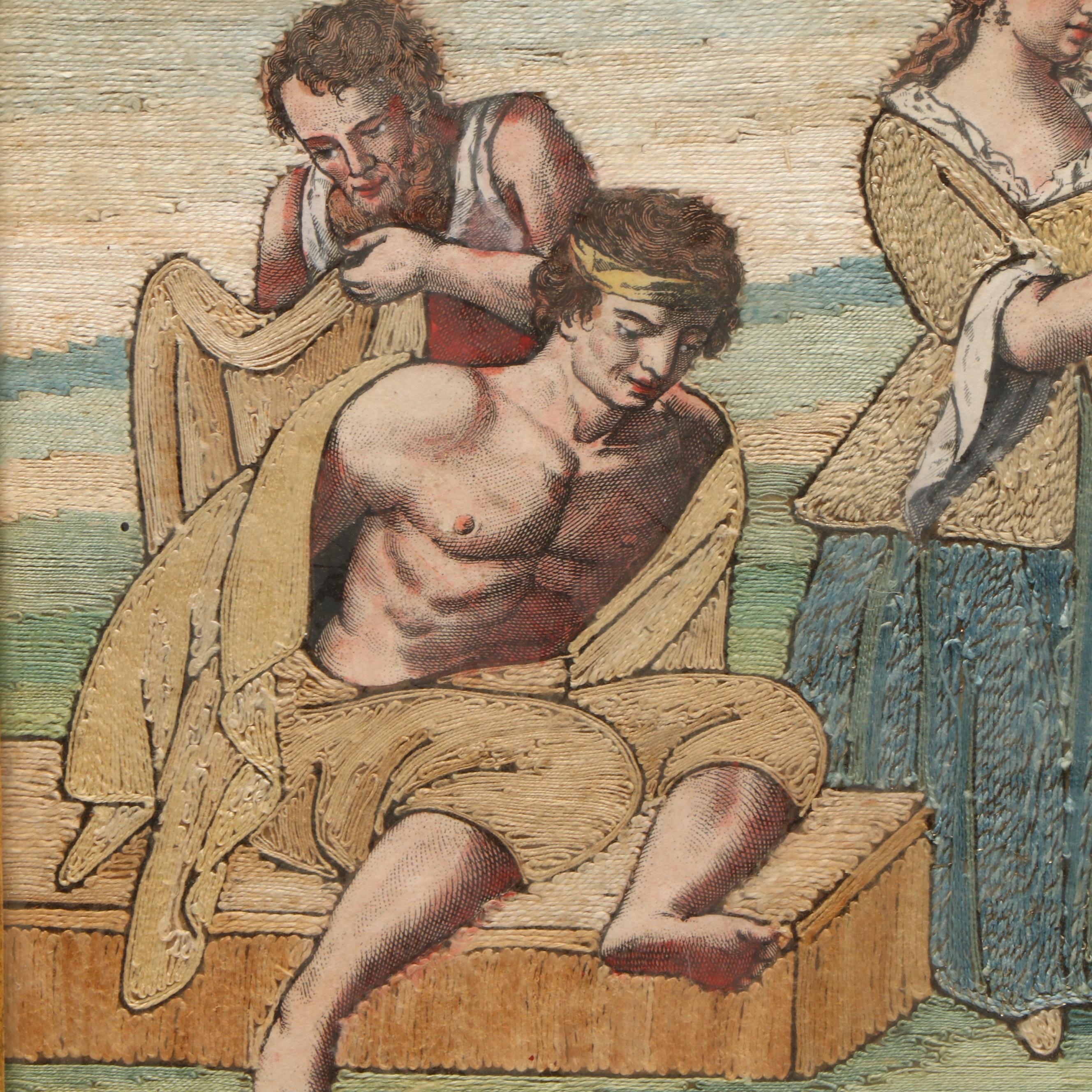 Antique English Embroidery "The Work of Corporal Mercy", 19th Century