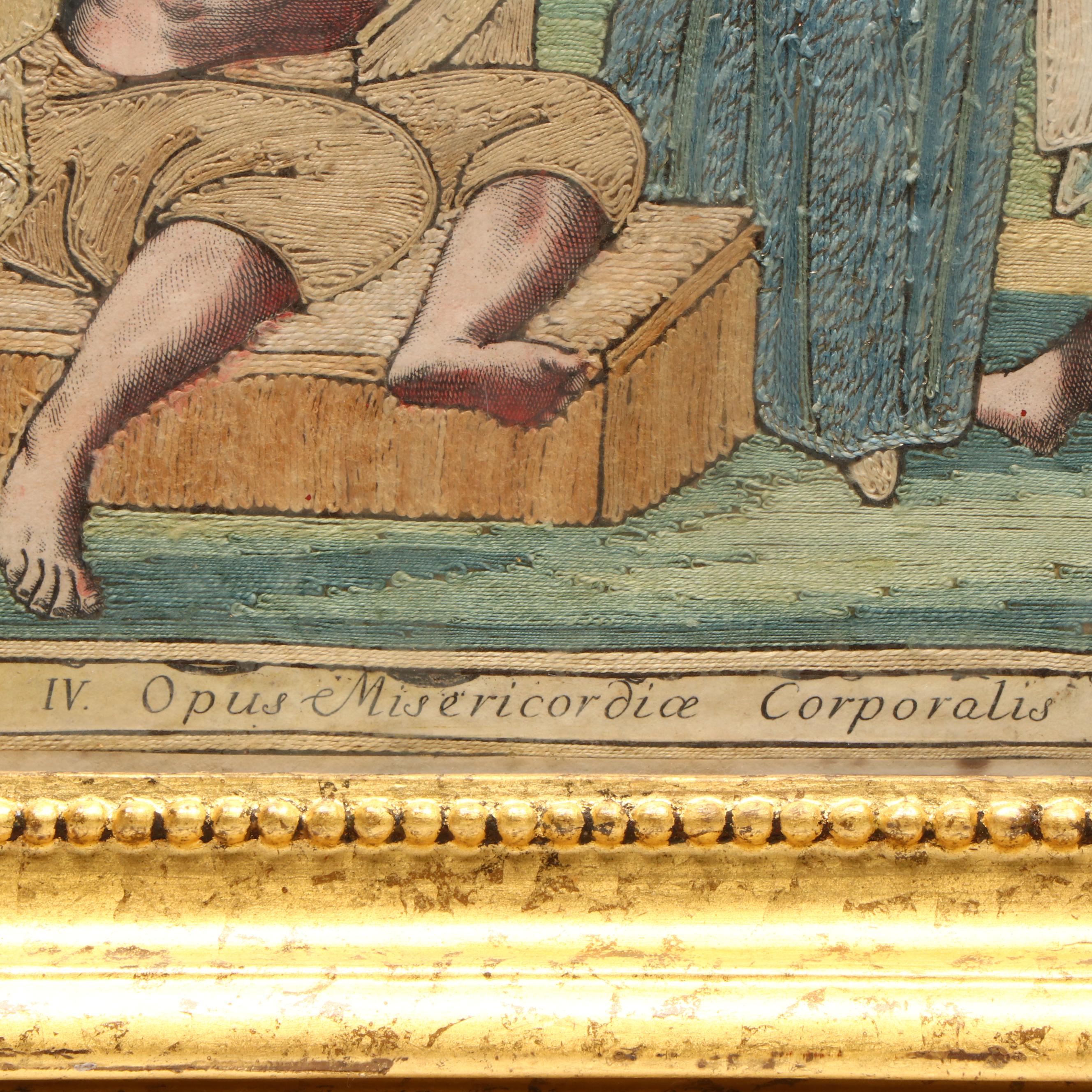 Antique English Embroidery "The Work of Corporal Mercy", 19th Century