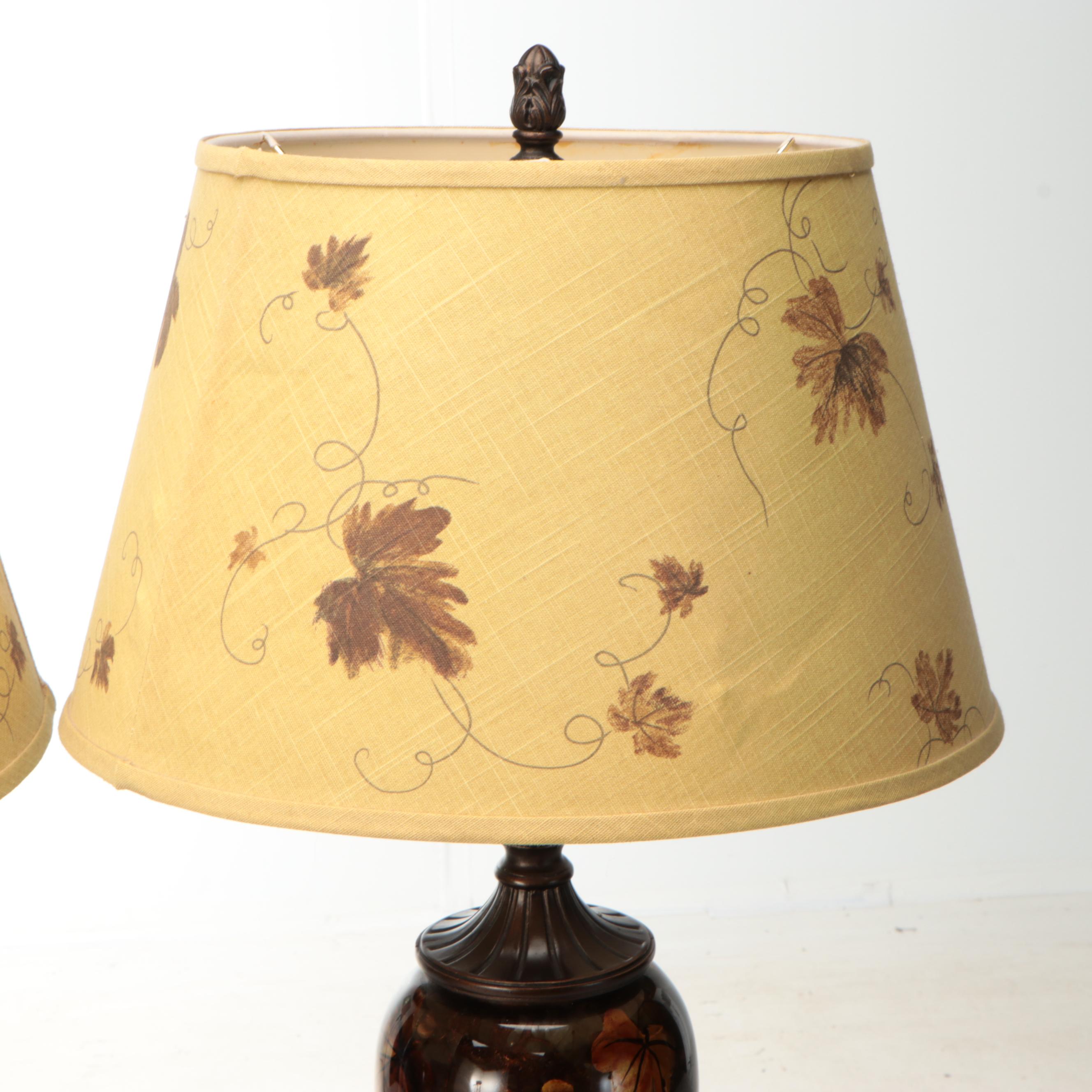 Dale Tiffany Hand-Painted Grape Leaf Glass Table Lamps with Printed Shades