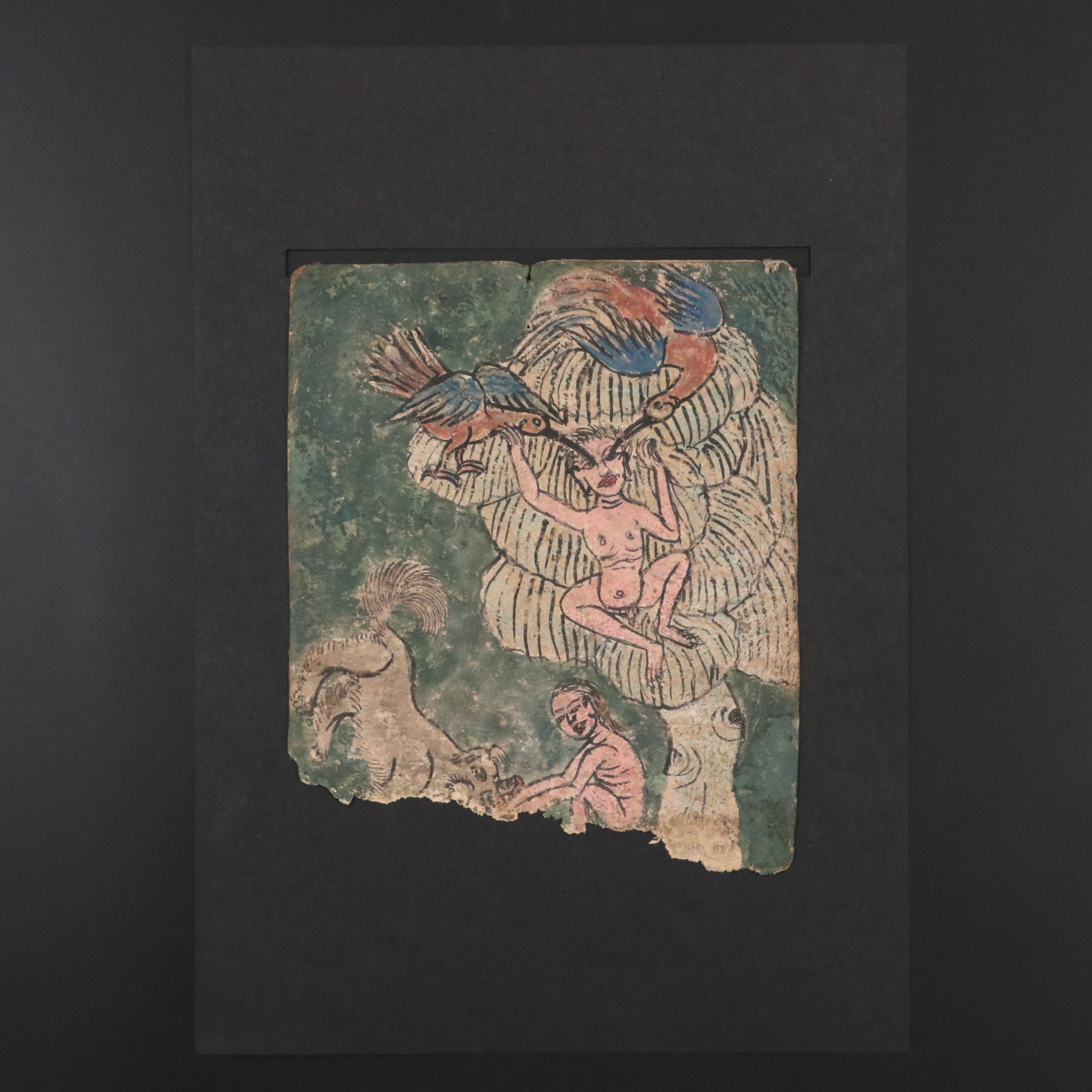 Antique Tibetan Kama Sutra Mineral Painting Fragment