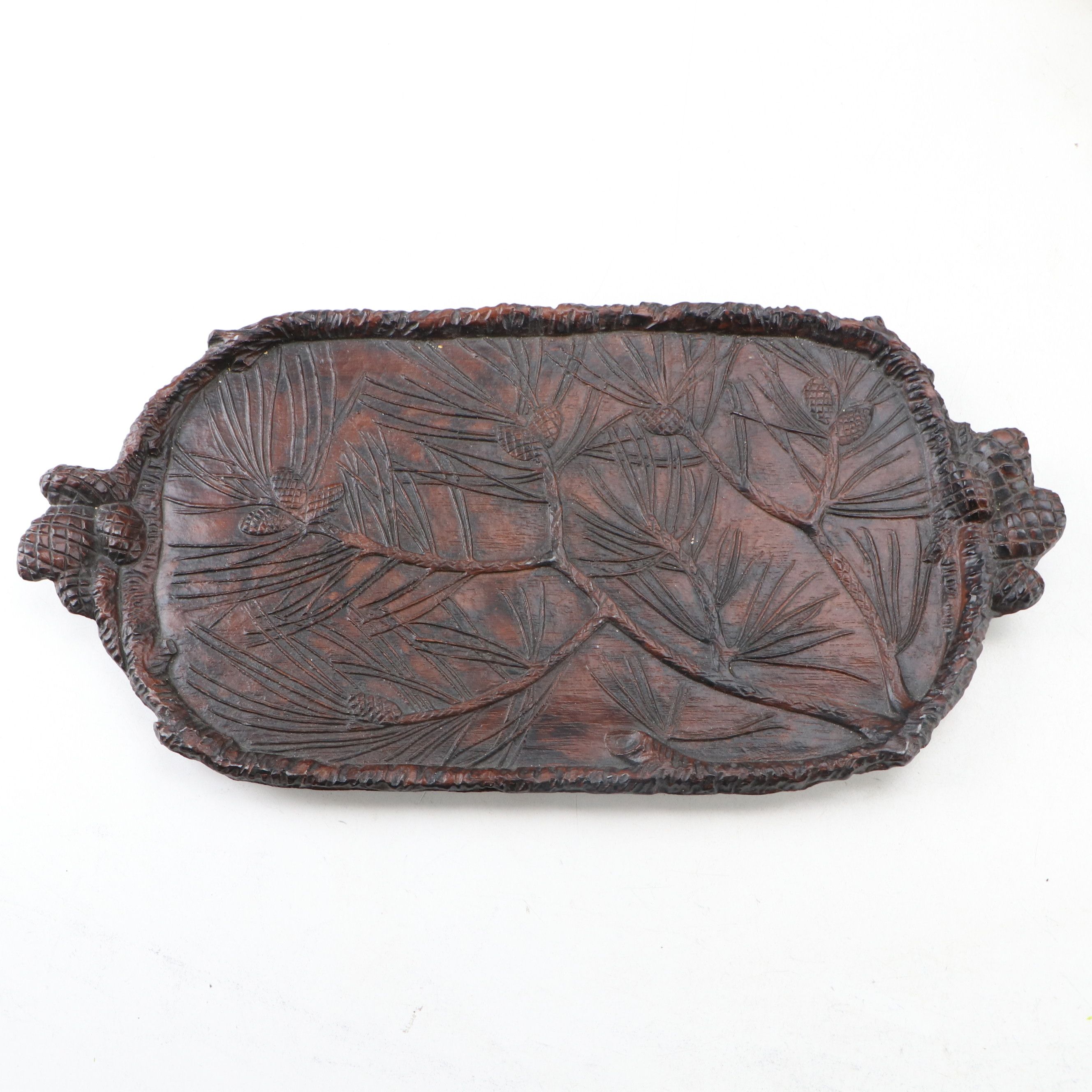 Black Forest Style Carved Walnut Tray with Ceramic Figurines and Other Décor