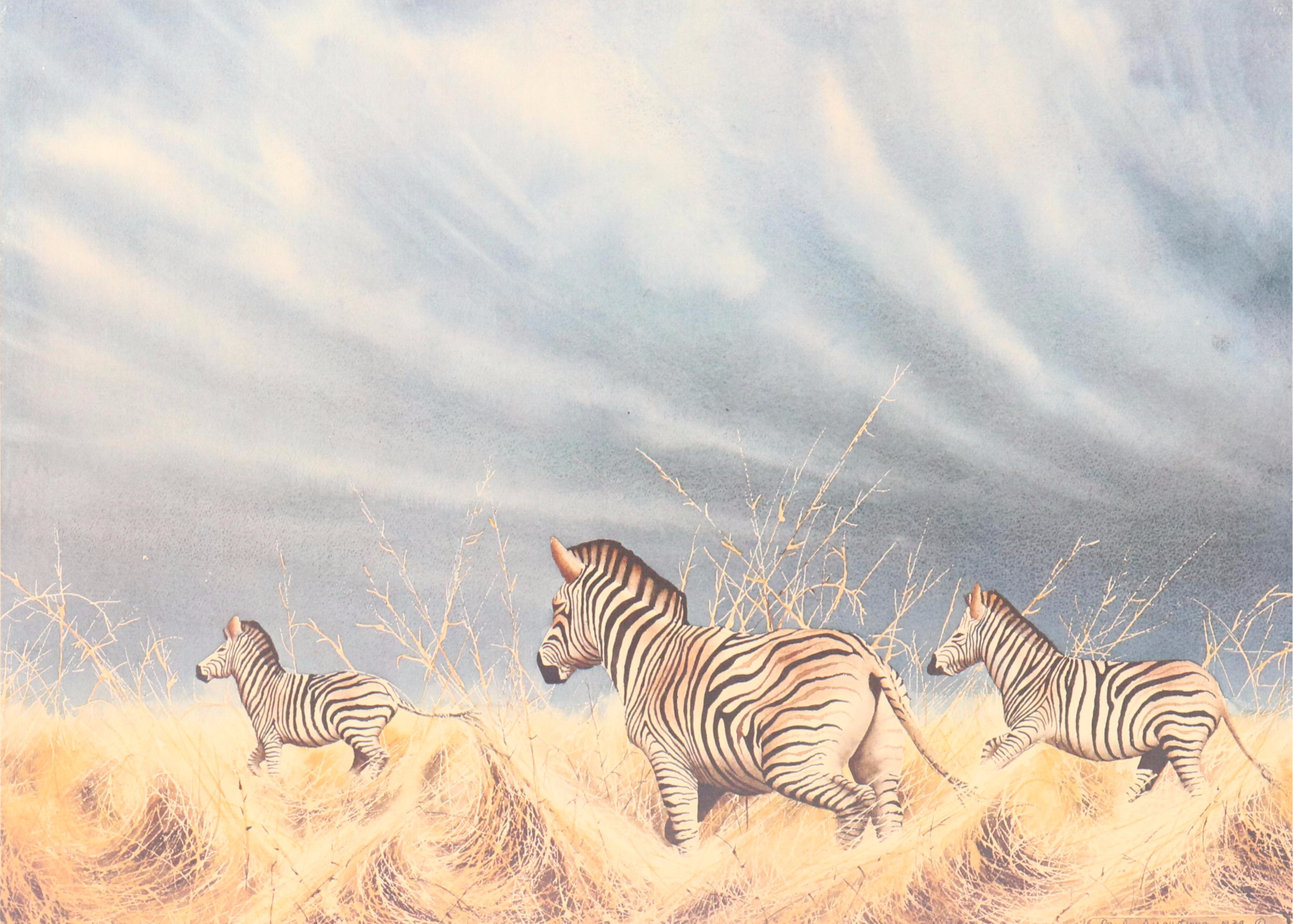 Paul Augustinus Offset Lithographs "Rhinos" and "Zebras in the Bush Country"