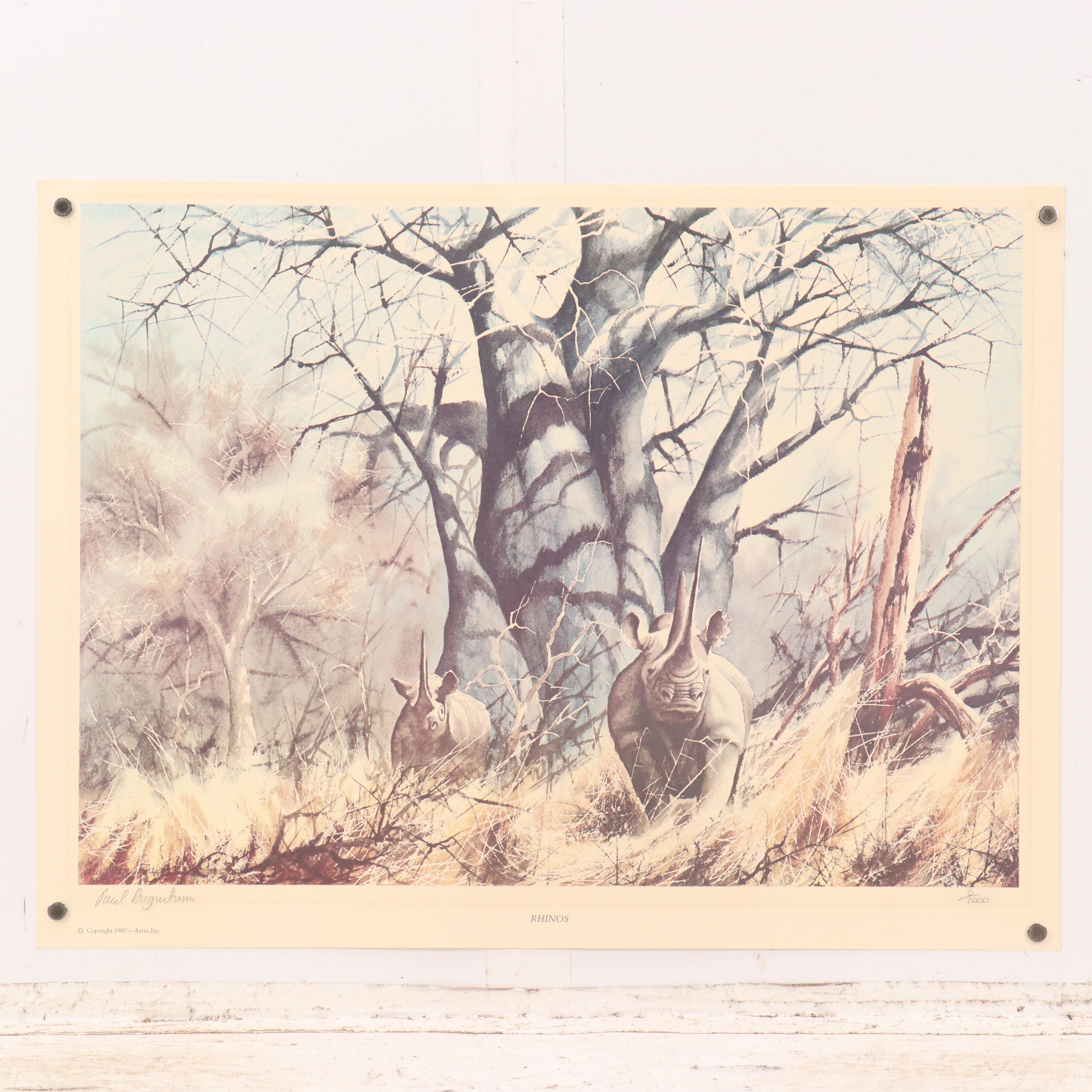 Paul Augustinus Offset Lithographs "Rhinos" and "Zebras in the Bush Country"
