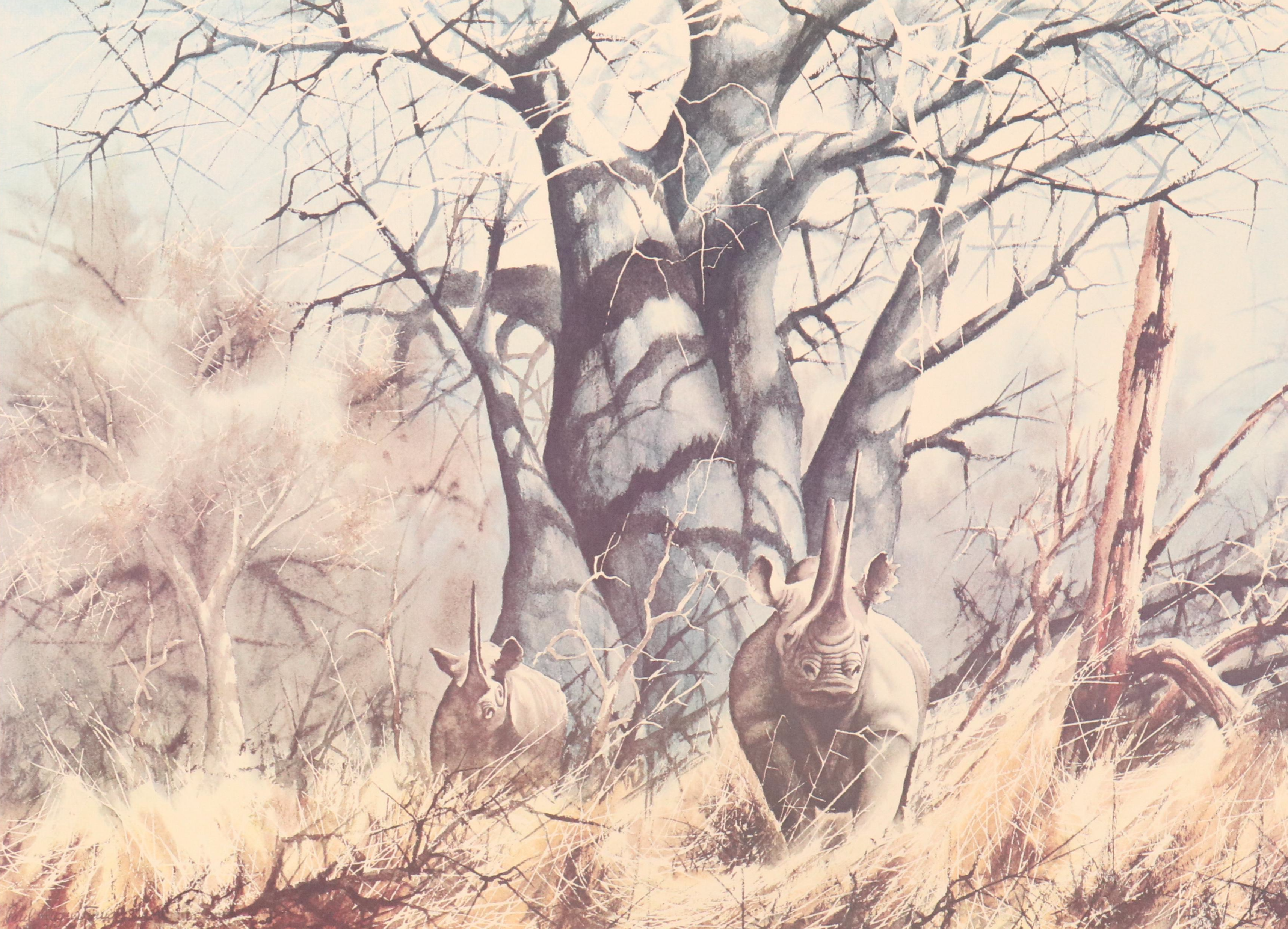 Paul Augustinus Offset Lithographs "Rhinos" and "Zebras in the Bush Country"