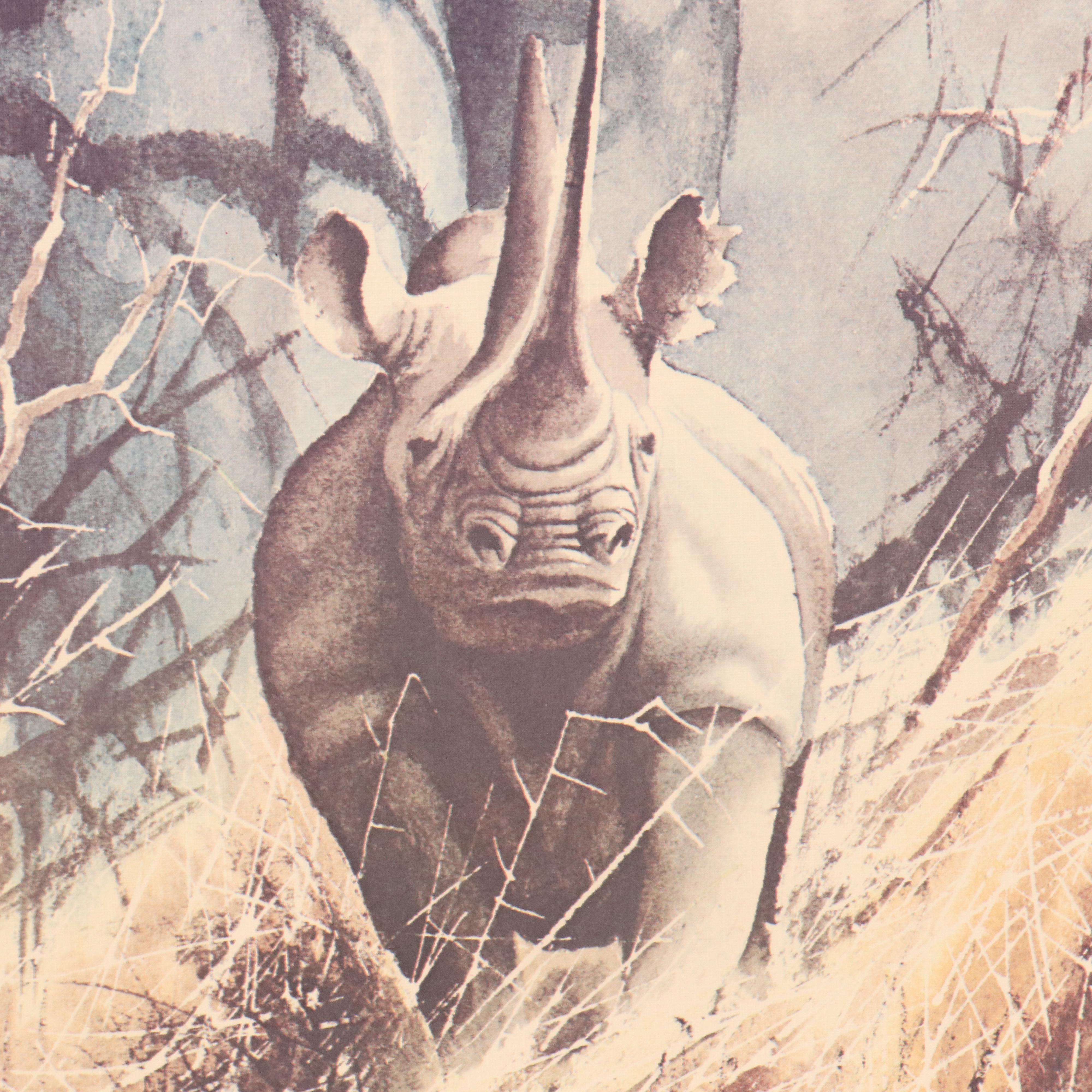 Paul Augustinus Offset Lithographs "Rhinos" and "Zebras in the Bush Country"