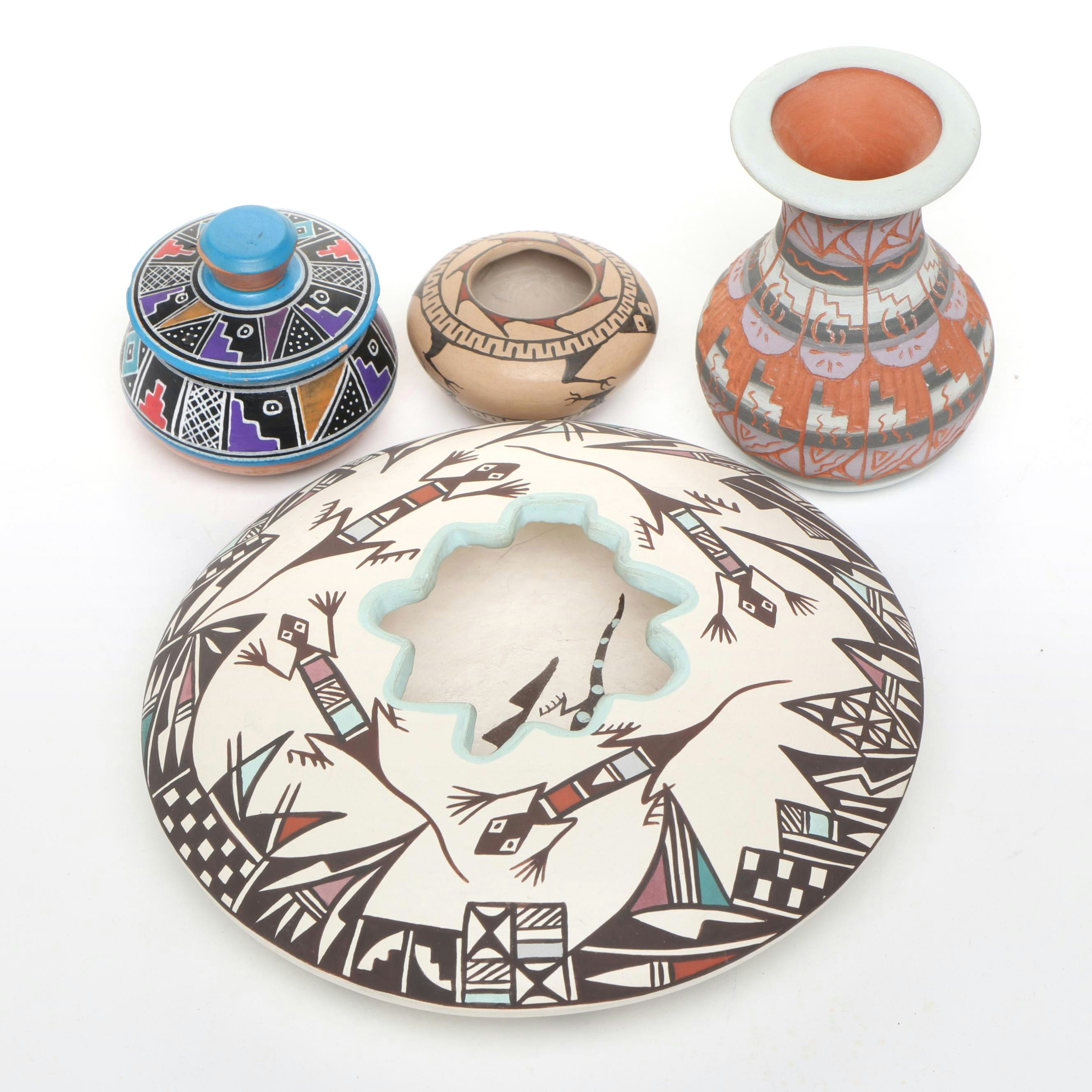 Artist Signed Acoma Ceramic Bud Vase, Low Vessels, and Lidded Bowl
