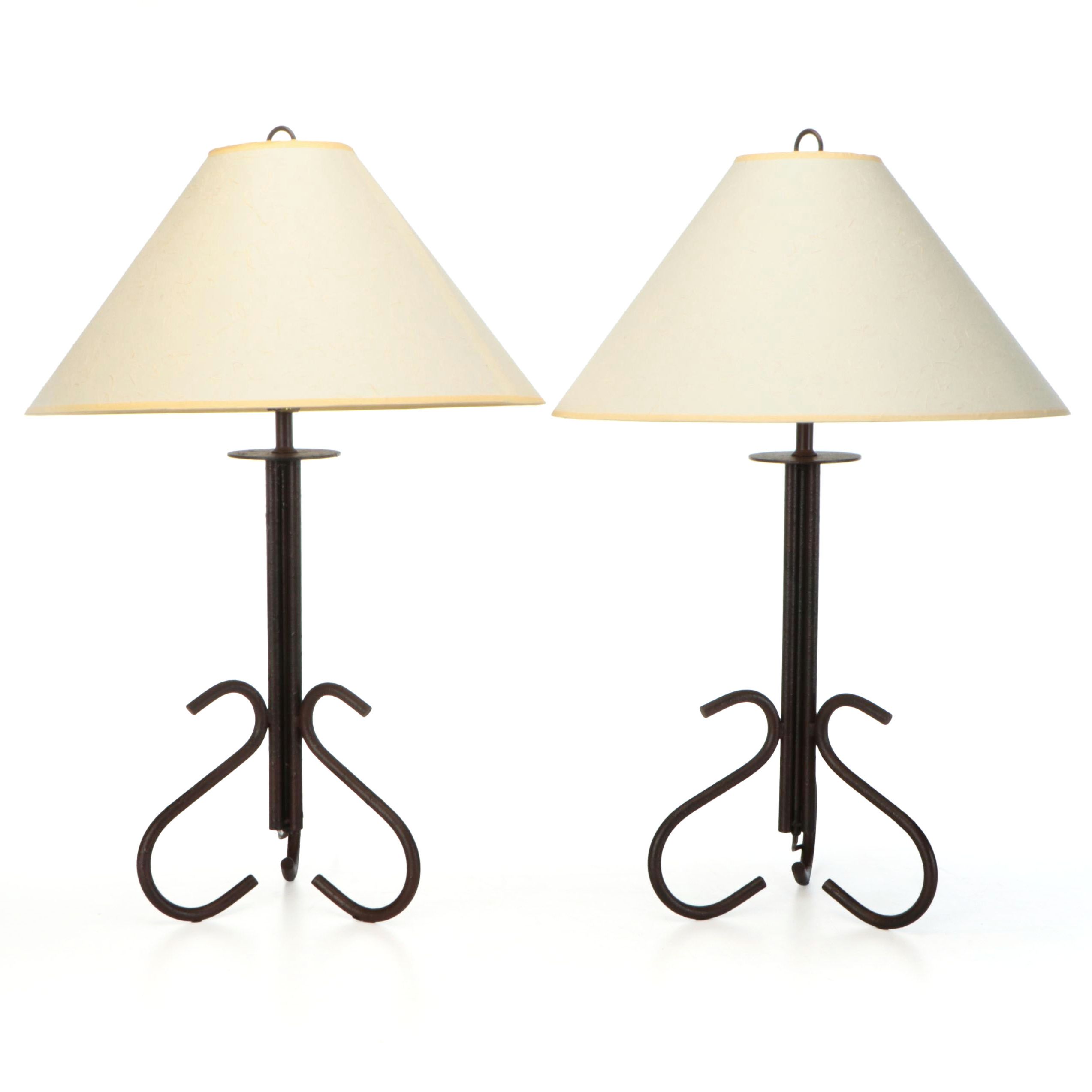 Pair of Bronzed Finish Wrought Iron Table Lamps with Cotton Coolie Shades