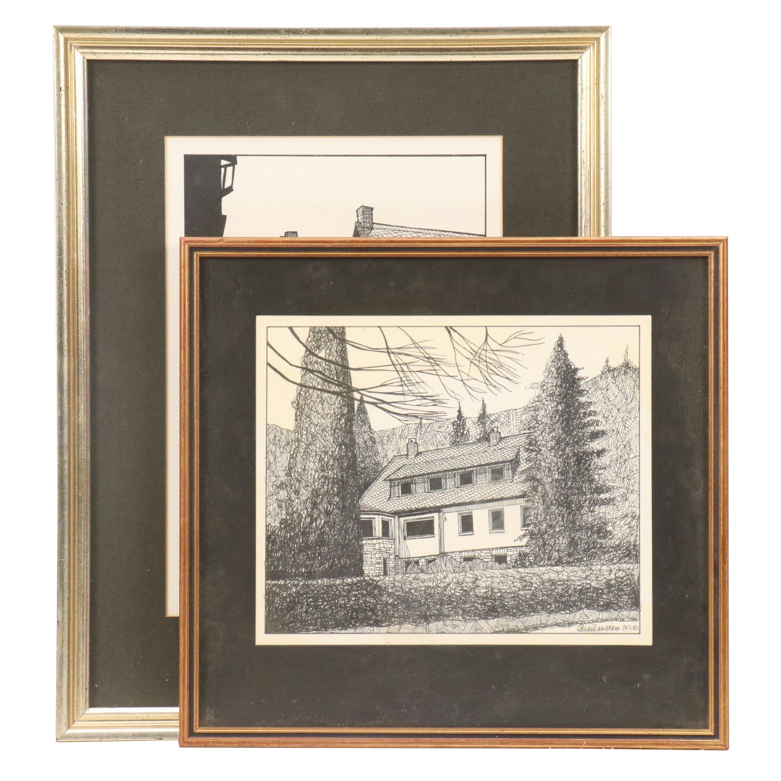 Eduard Langham Architectural Pen and Ink Drawings, Late 20th Century