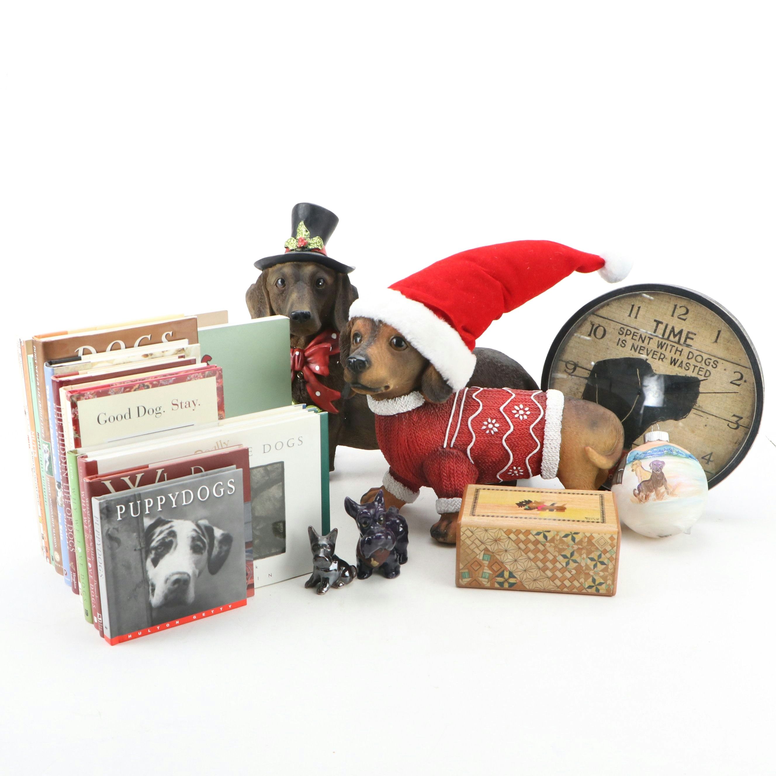 Christmas Dressed and Other Dog Figurines with Books and Other Décor