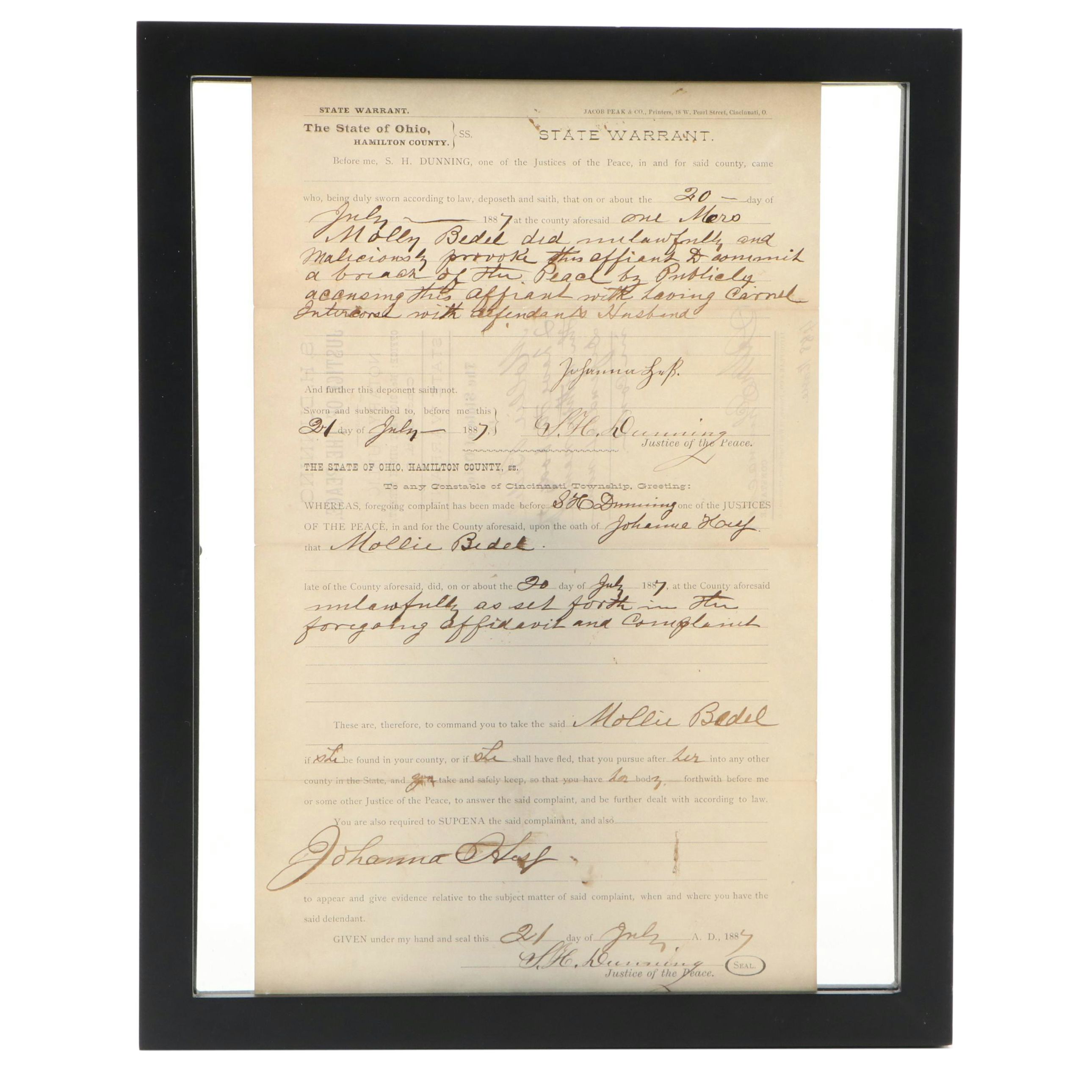 Cincinnati, Ohio, Arrest Warrant, 1887