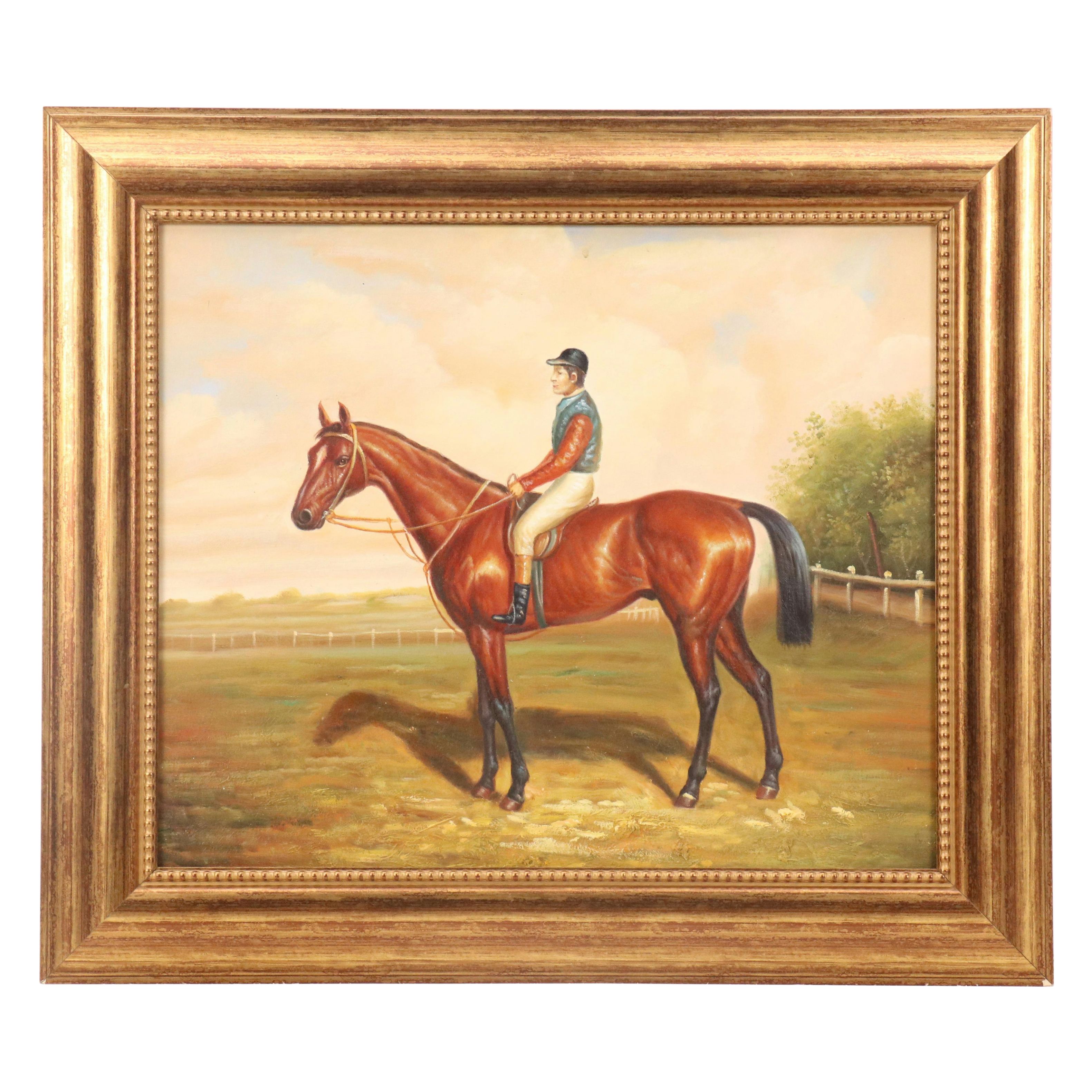 Thoroughbred Horse and Jockey Equestrian Oil Painting, 21st Century