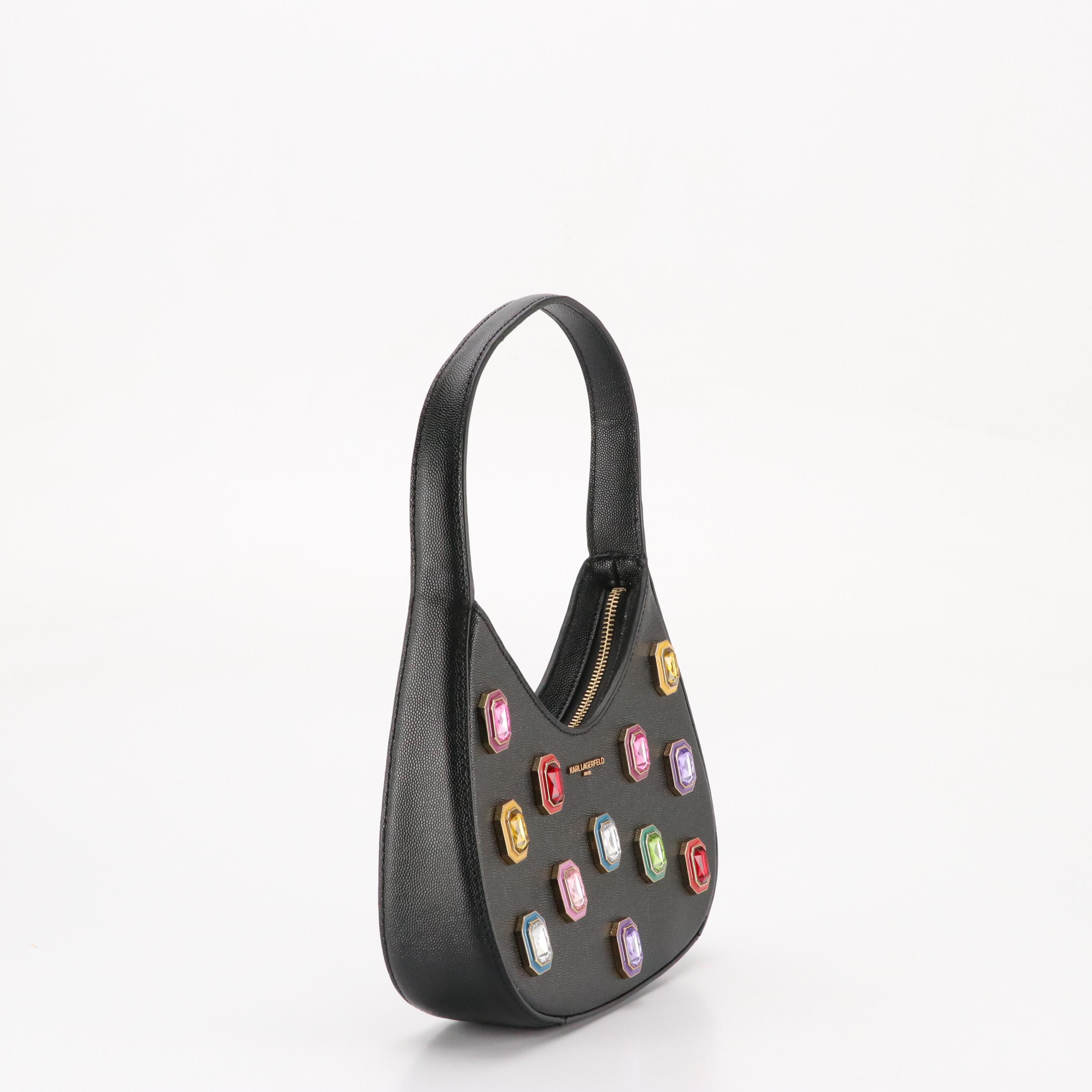 Karl Lagerfeld Small Desi Hobo Shoulder Bag in Embellished Black Grained Leather