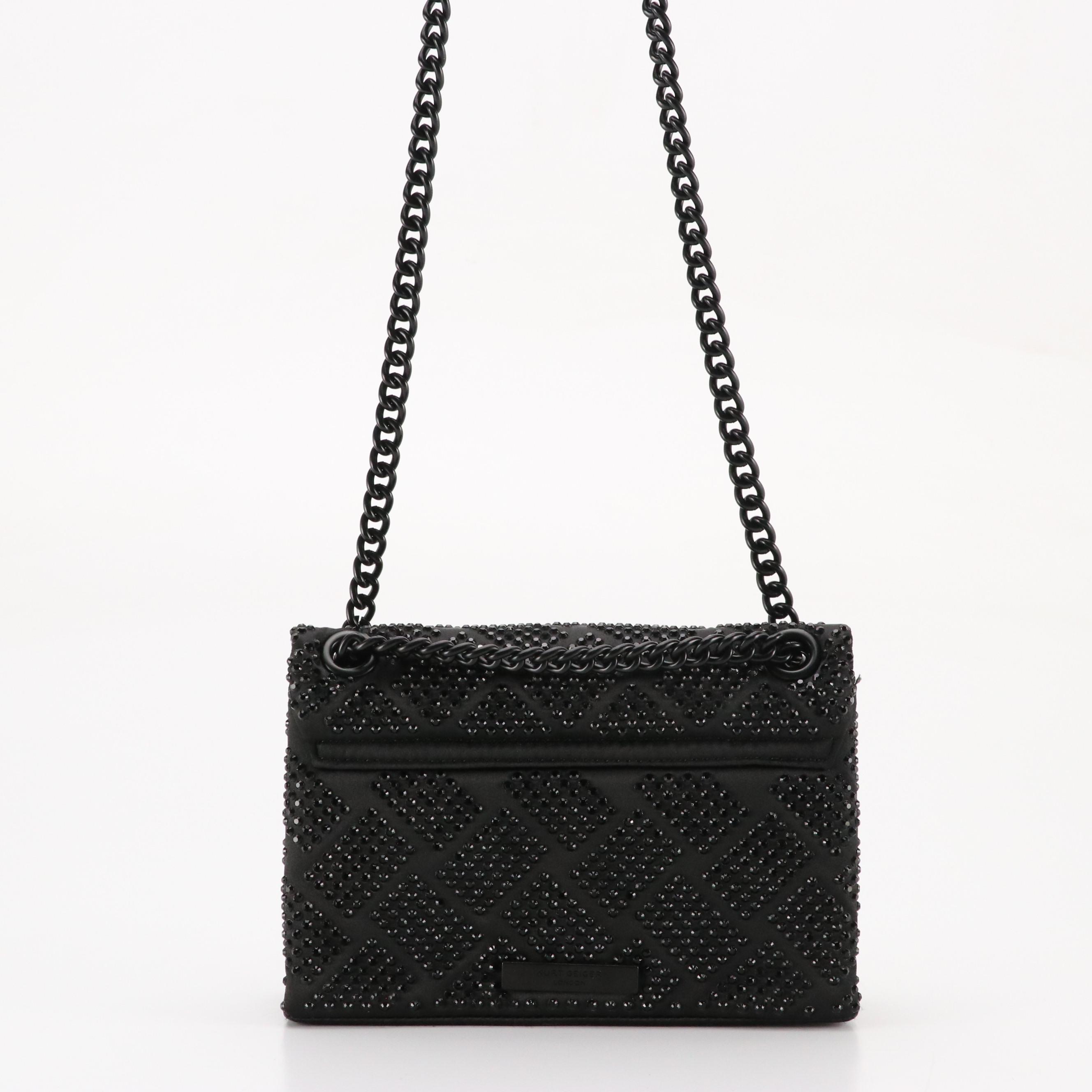 Kurt Geiger Crystal Kensington Shoulder Bag and Necklace in Black Satin
