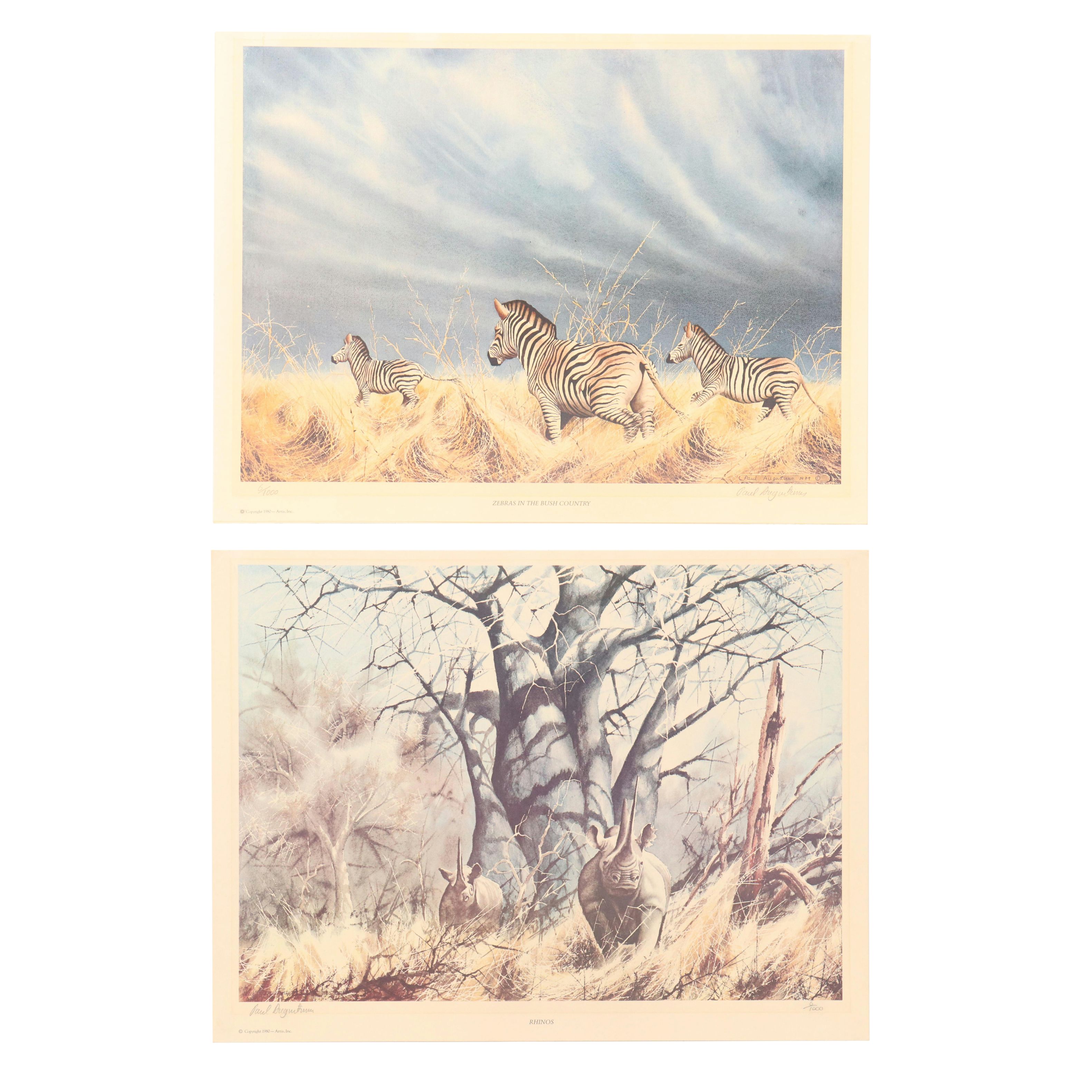 Paul Augustinus Offset Lithographs "Rhinos" and "Zebras in the Bush Country"
