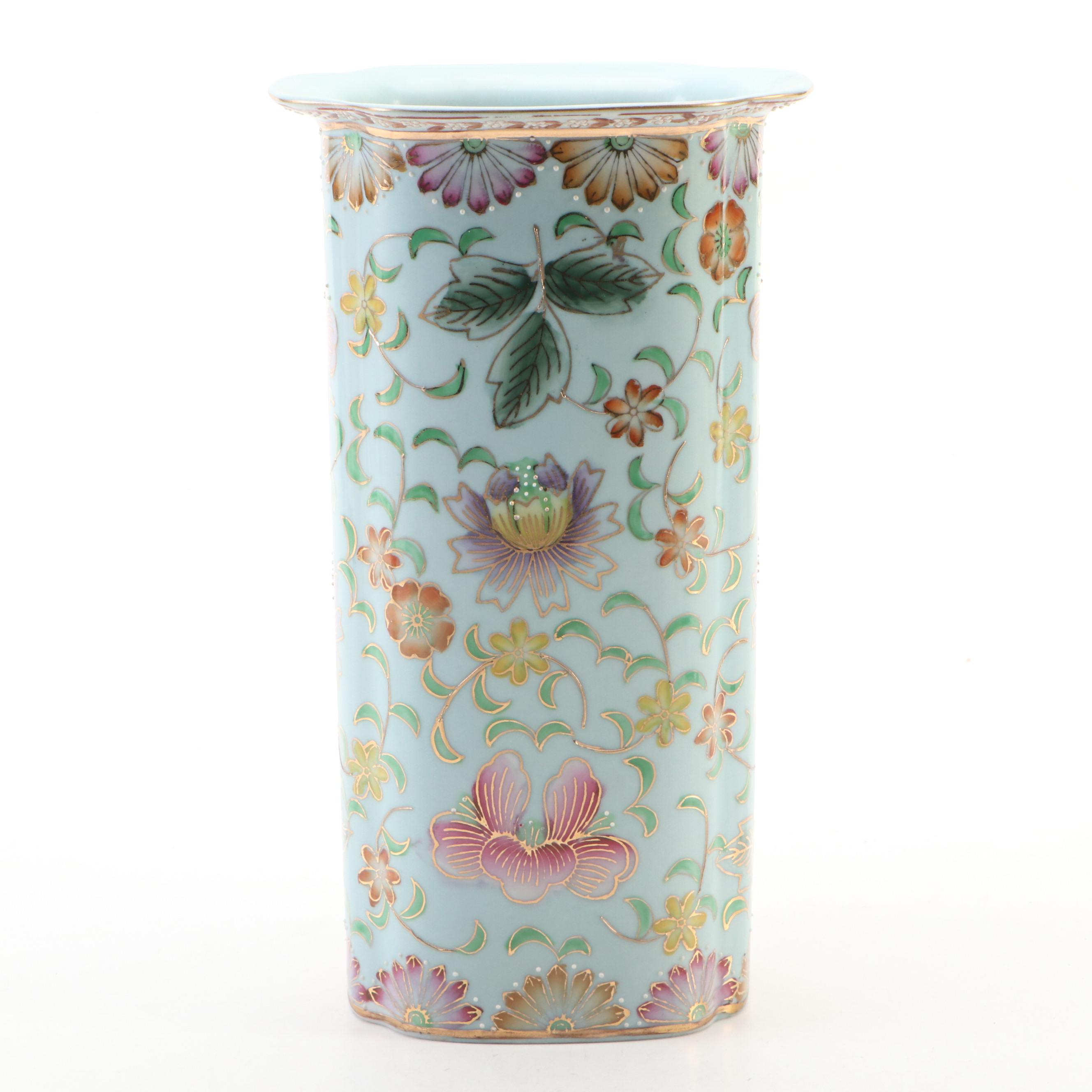 Chinese Porcelain Gilt Accented Flower Pattern Hat Stand Style Vase