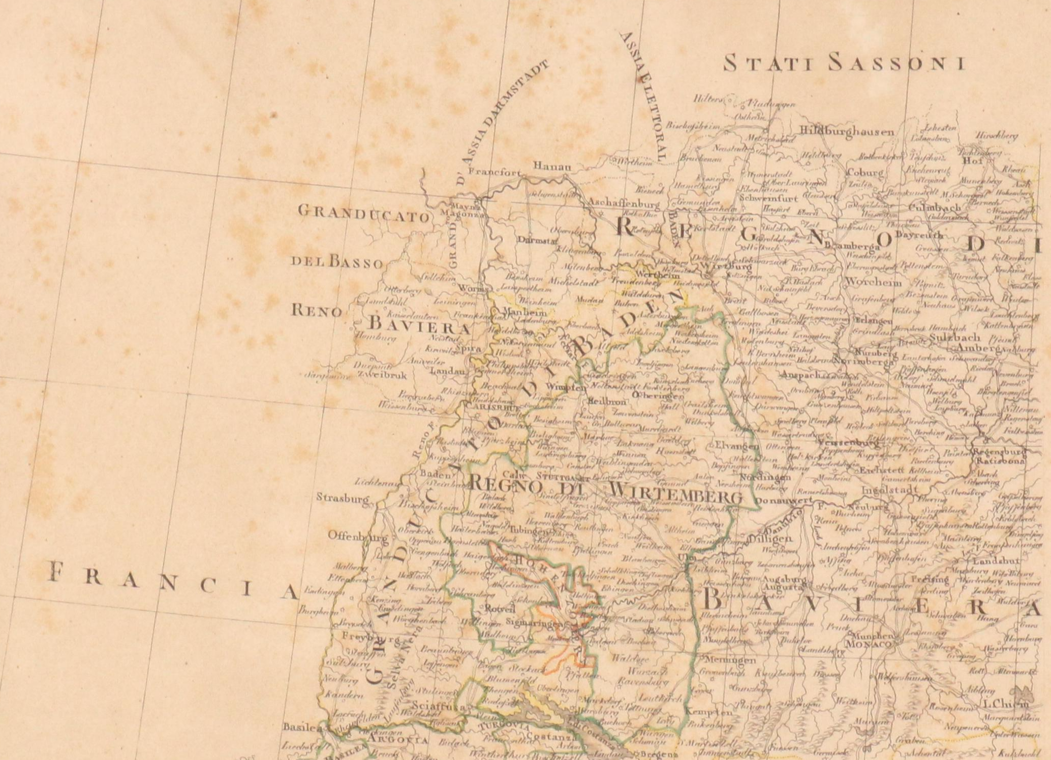 Hand-Colored Engraving Map of Southern Germany, 19th Century