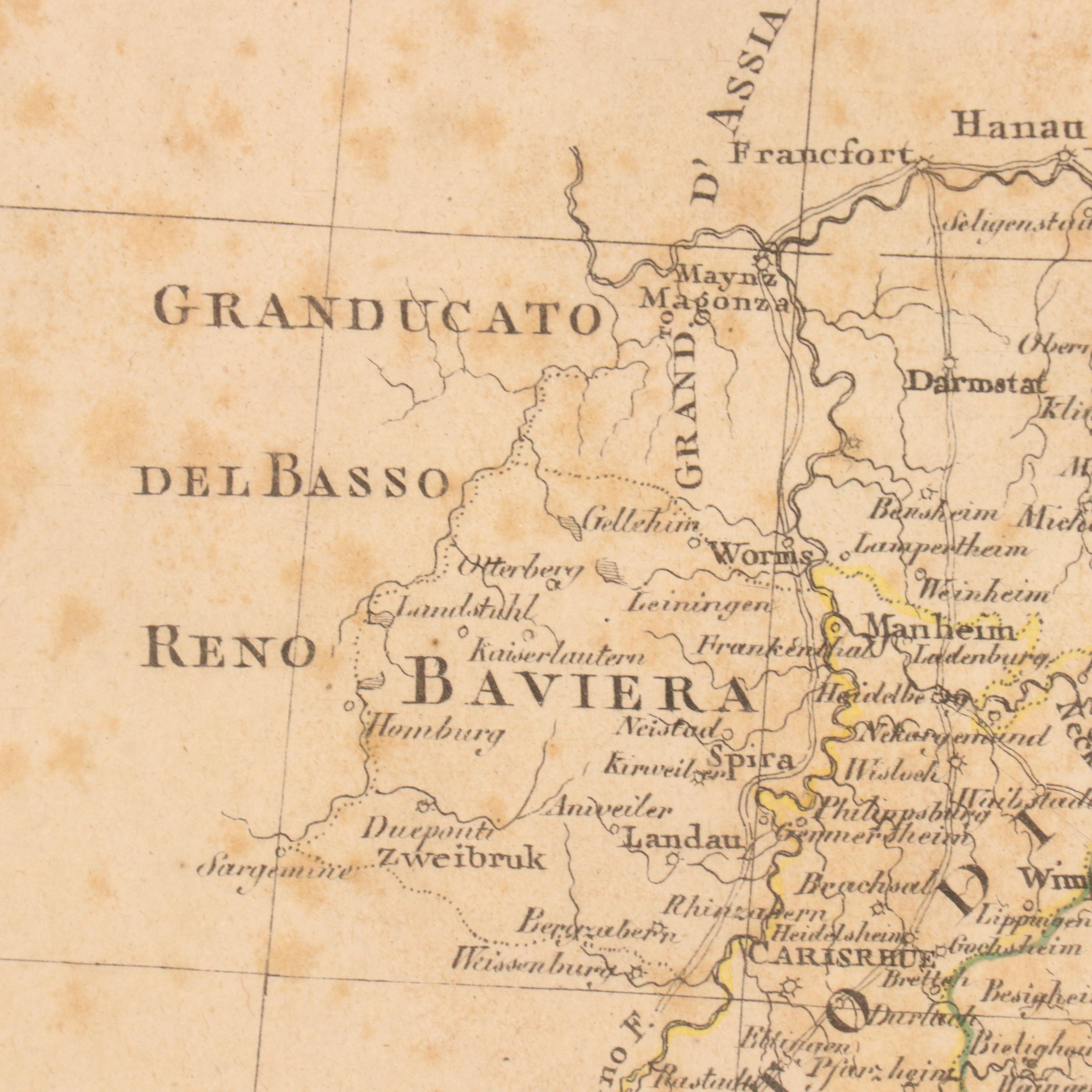 Hand-Colored Engraving Map of Southern Germany, 19th Century